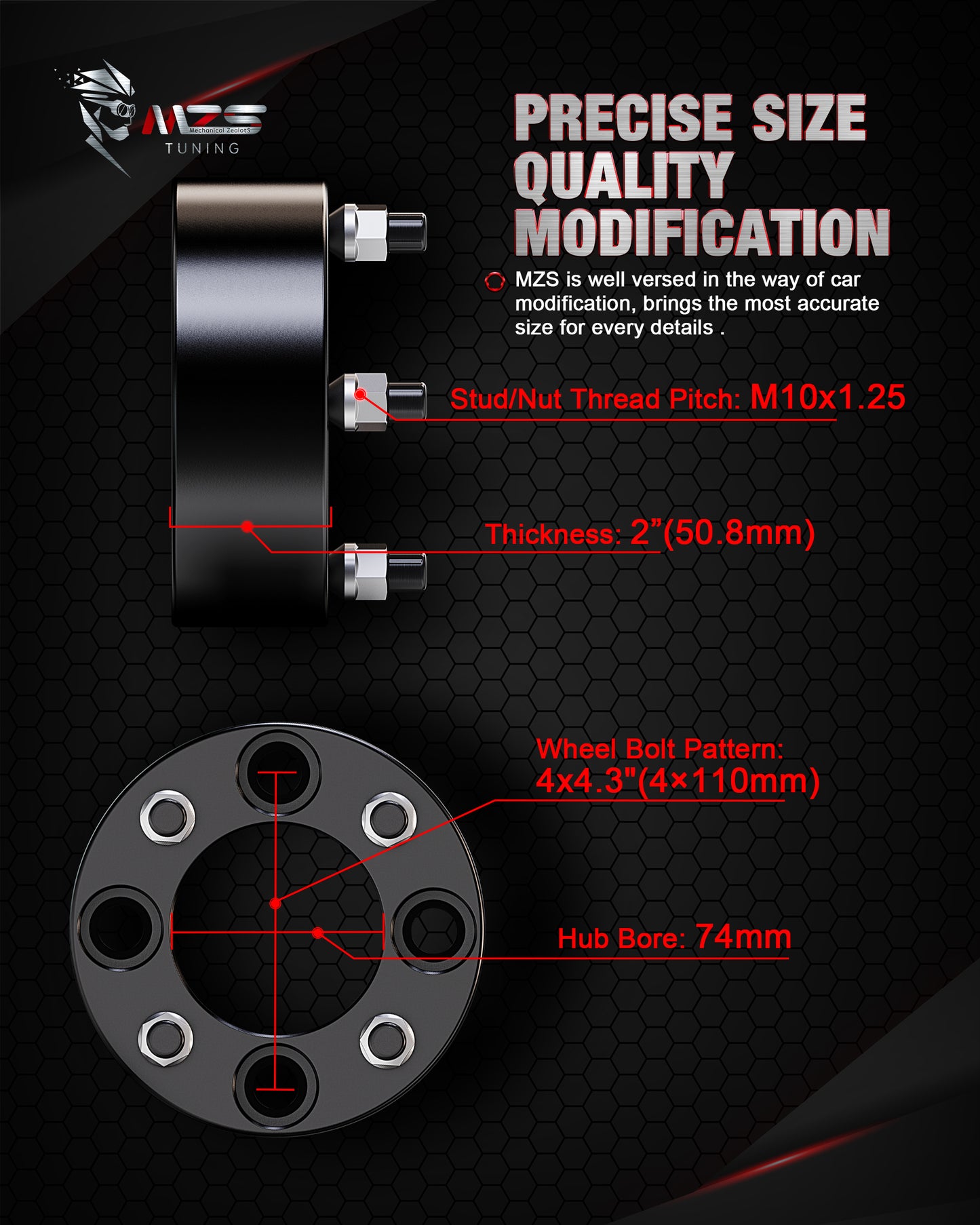 MZS 4x110 Wheel Spacers - 74mm M10×1.25 Fit for Grizzly Fourtrax Foreman Rancher King Quad Rhino ATV UTV