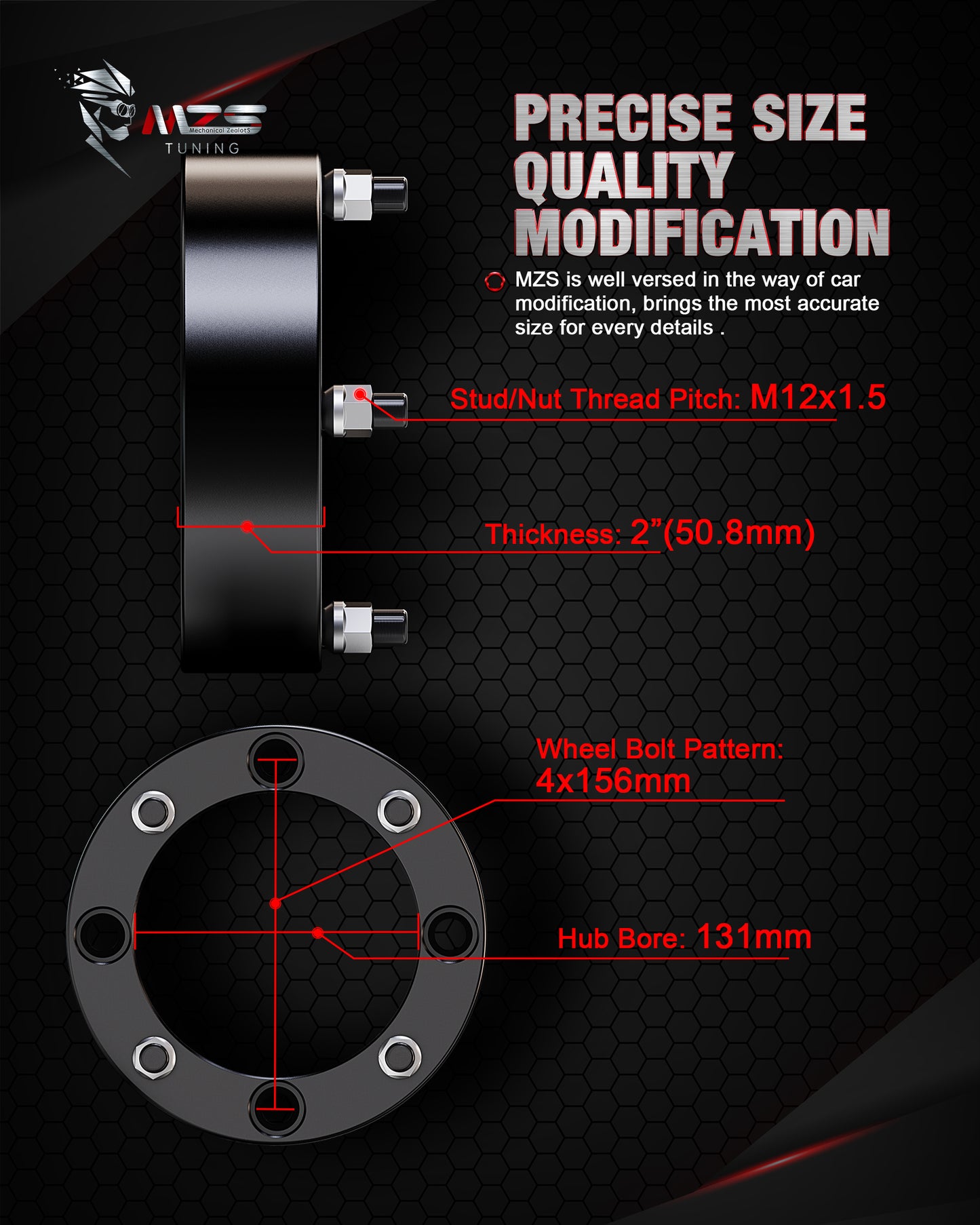 MZS 4x156 Wheel Spacers - 131mm M12×1.5 Fit for 2013+ Ranger, 2014+ RZR XP 1000, 2015+ RZR ATV UTV