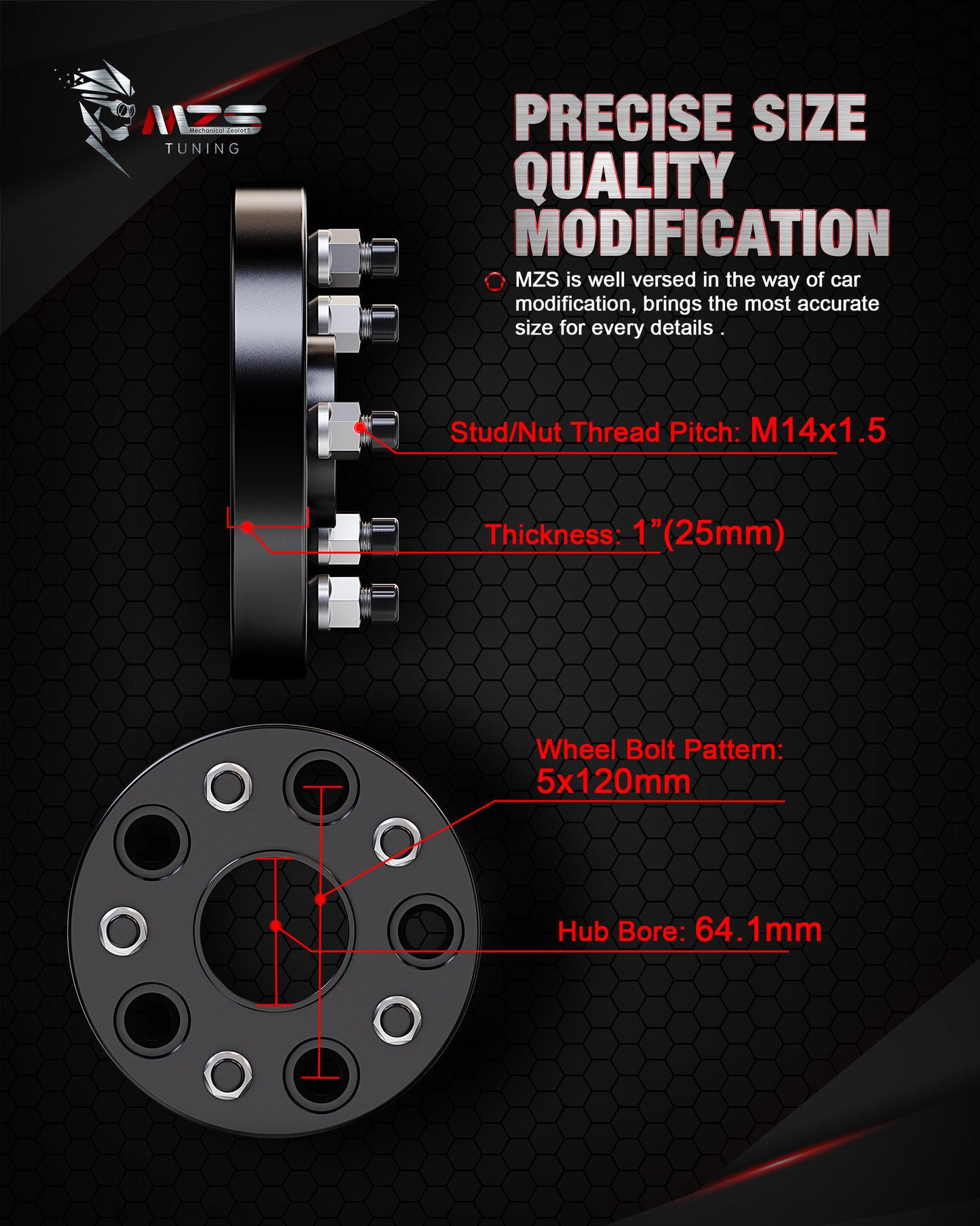 MZS 5x120 Wheel Spacers - 64.1mm M14×1.5 Fit for Model S/X, Pilot Passport Odyssey Ridgeline