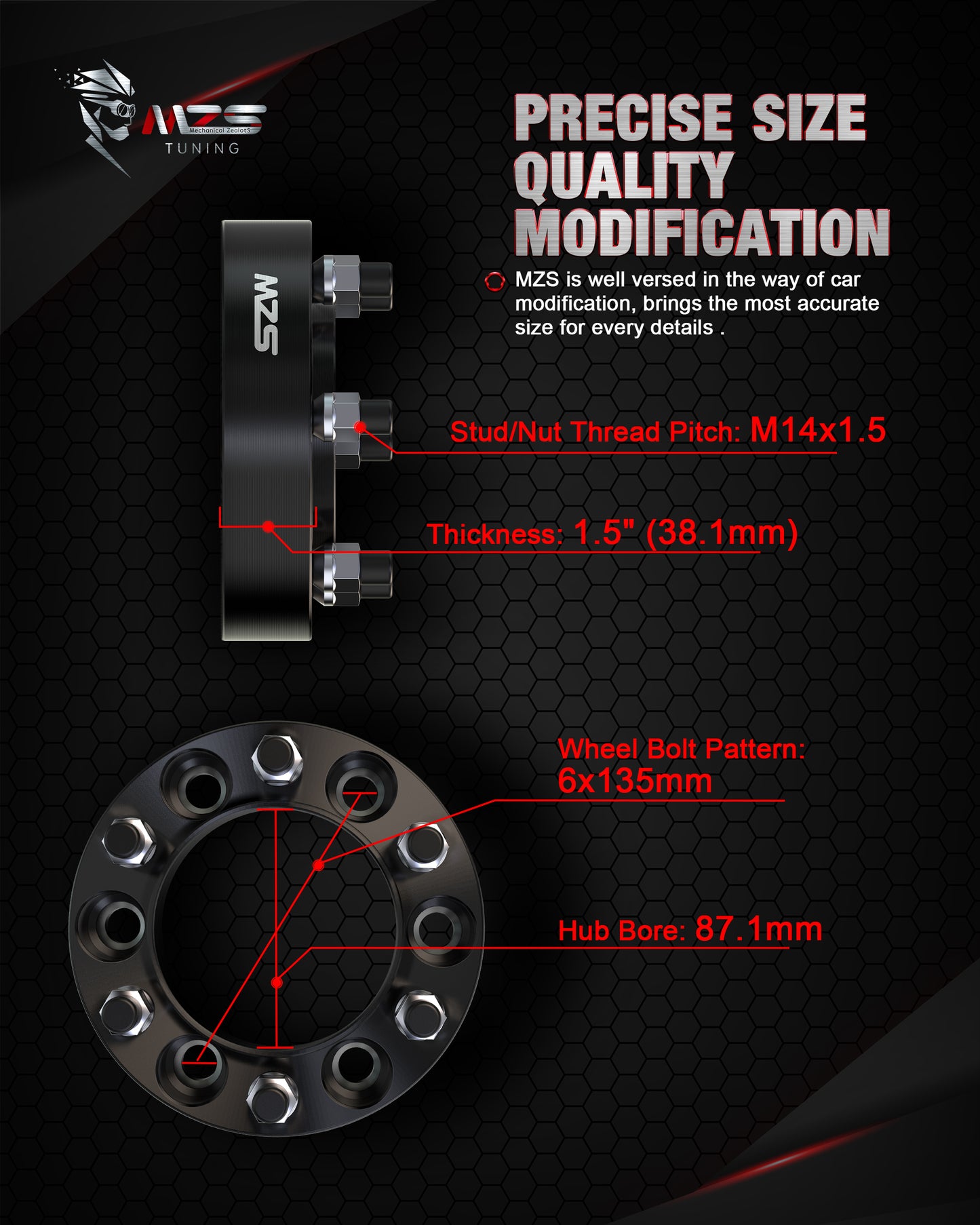 MZS 6X135 Wheel Spacers - 87.1mm M14x1.5 Fit for 2015-2024 Ford F-150