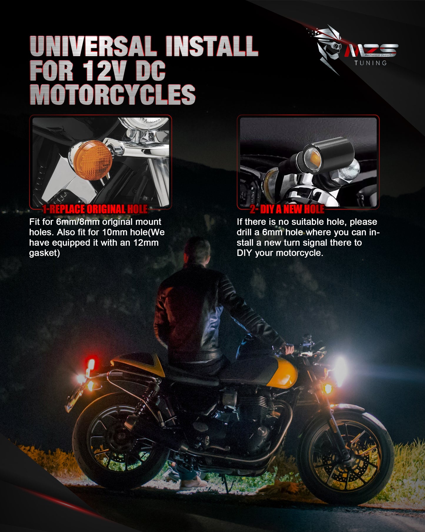 MZS Motorcycle Front LED Turn Signals, Red Light Mini Brake Tail Light Blinkers, Minimalist Design, Universal 6mm Screw Suitable for 6mm/8mm/10mm Hole Compatible with Most Family Motorcycles
