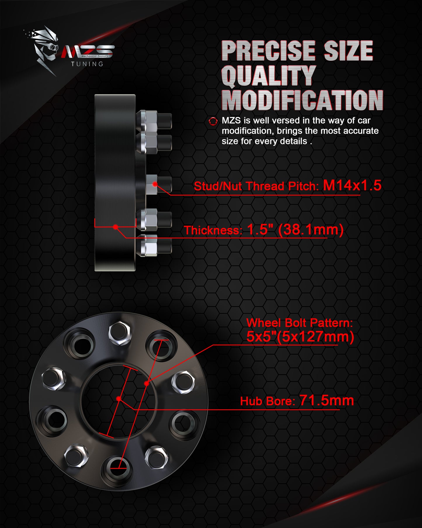 MZS 5X5 Wheel Spacers - 5x127 71.5mm M14x1.5 Fit for Jeep Wrangler JL / Grand Cherokee / Durango / Gladiator JT