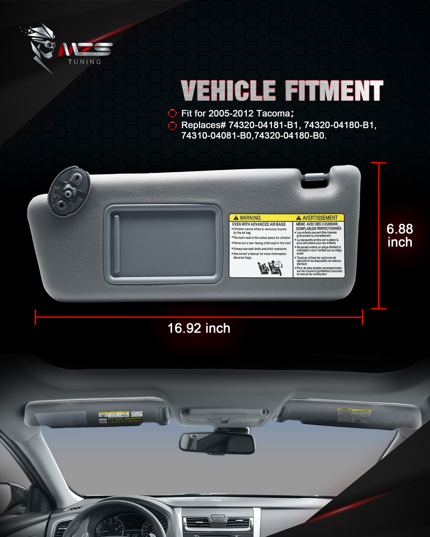 MZS Sun Visor Left Driver & Right Passenger Side Replacement Fit For 2005-2012 Tacoma Without Sunroof (Gray)