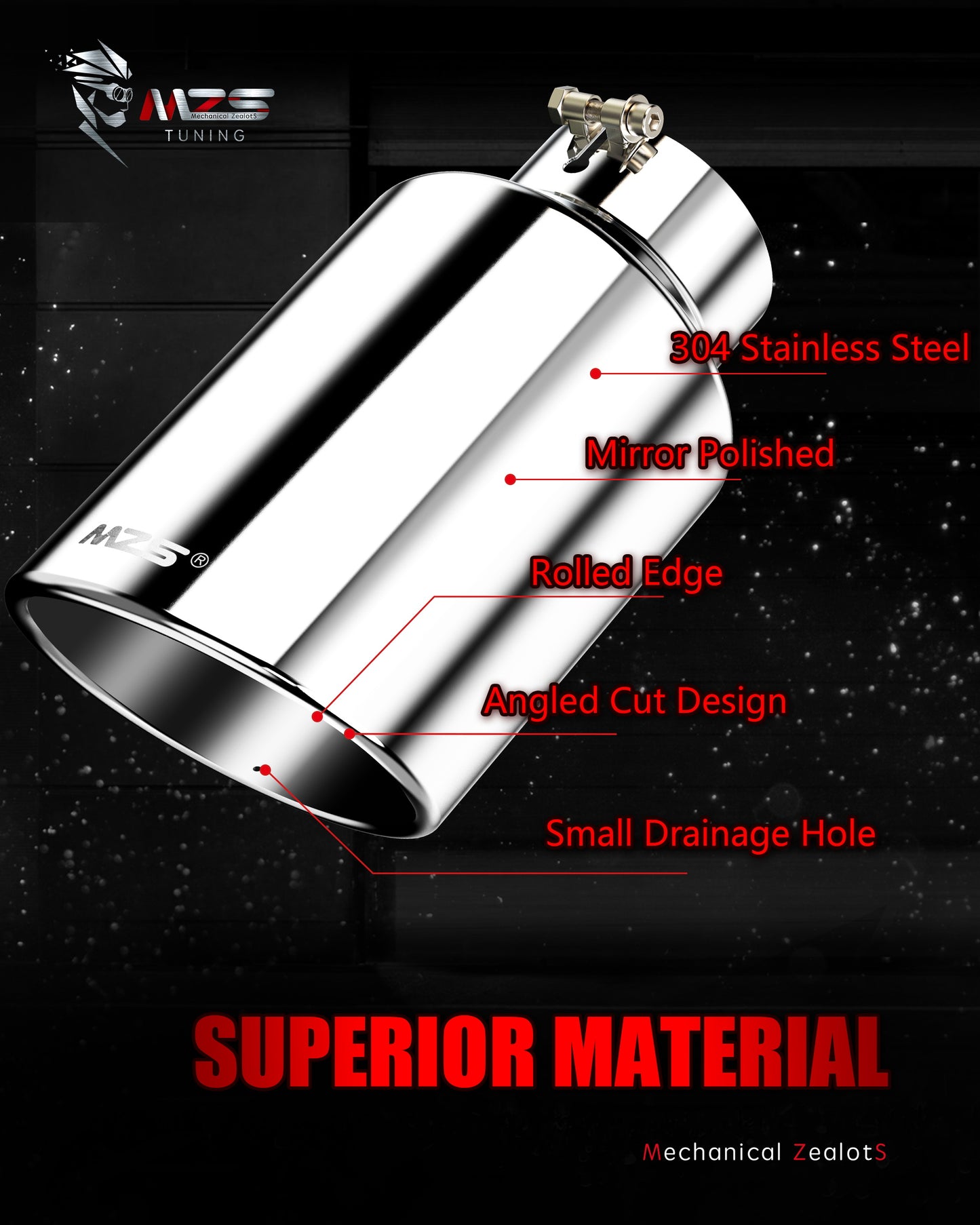 MZS Exhaust Tip - 4" Inlet 8" Outlet 15" Length Tailpipe Universal - Stainless Steel