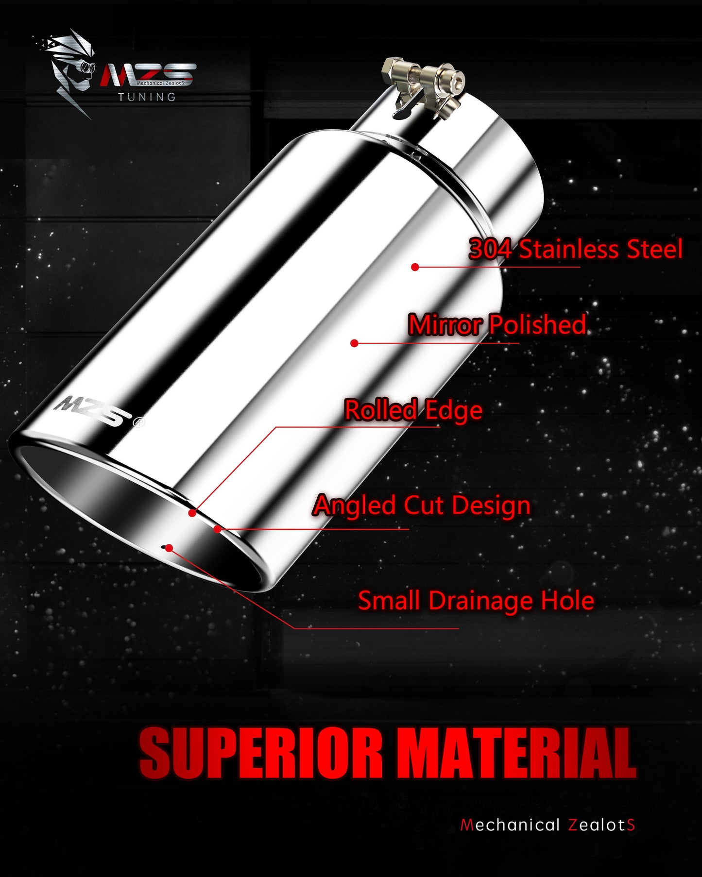 MZS Exhaust Tip - 4" Inlet 6" Outlet 12" Length Tailpipe Universal - Stainless Steel