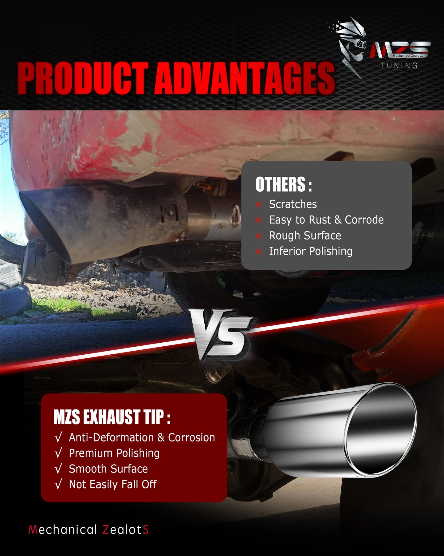 MZS Exhaust Tip - 4" Inlet 8" Outlet 15" Length Tailpipe Universal - Stainless Steel