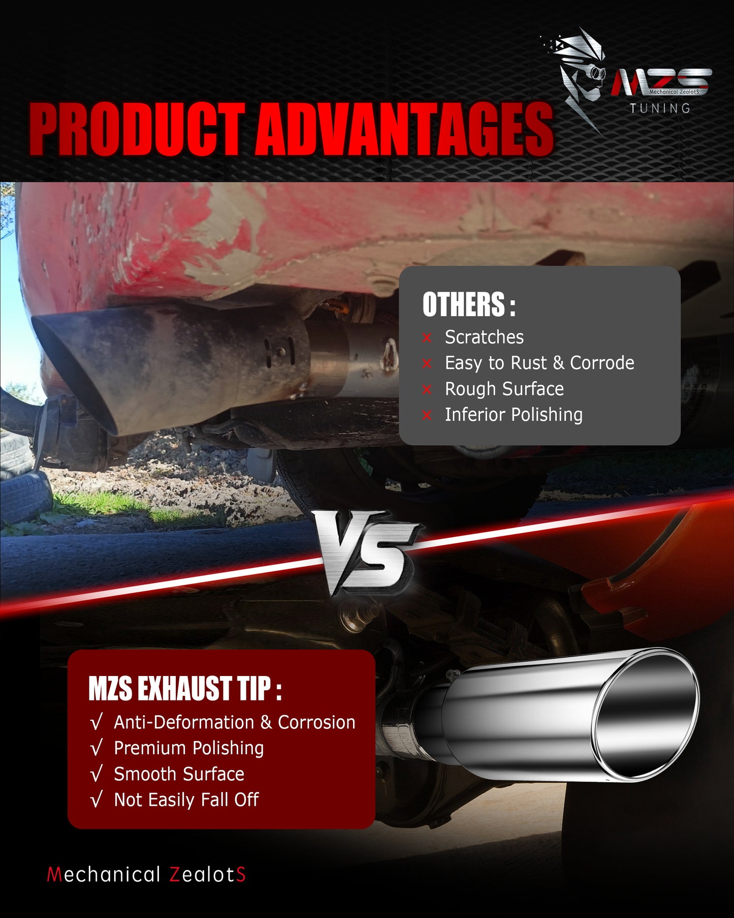 MZS Exhaust Tip - 4" Inlet 6" Outlet 12" Length Tailpipe Universal - Stainless Steel