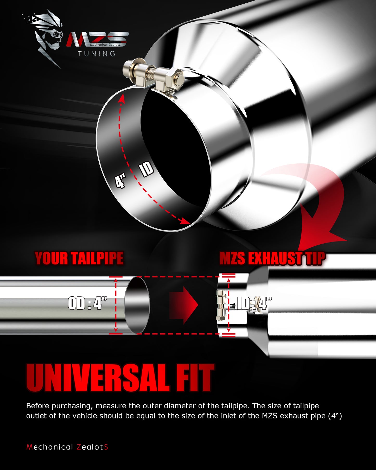 MZS Exhaust Tip - 4" Inlet 8" Outlet 15" Length Tailpipe Universal - Stainless Steel