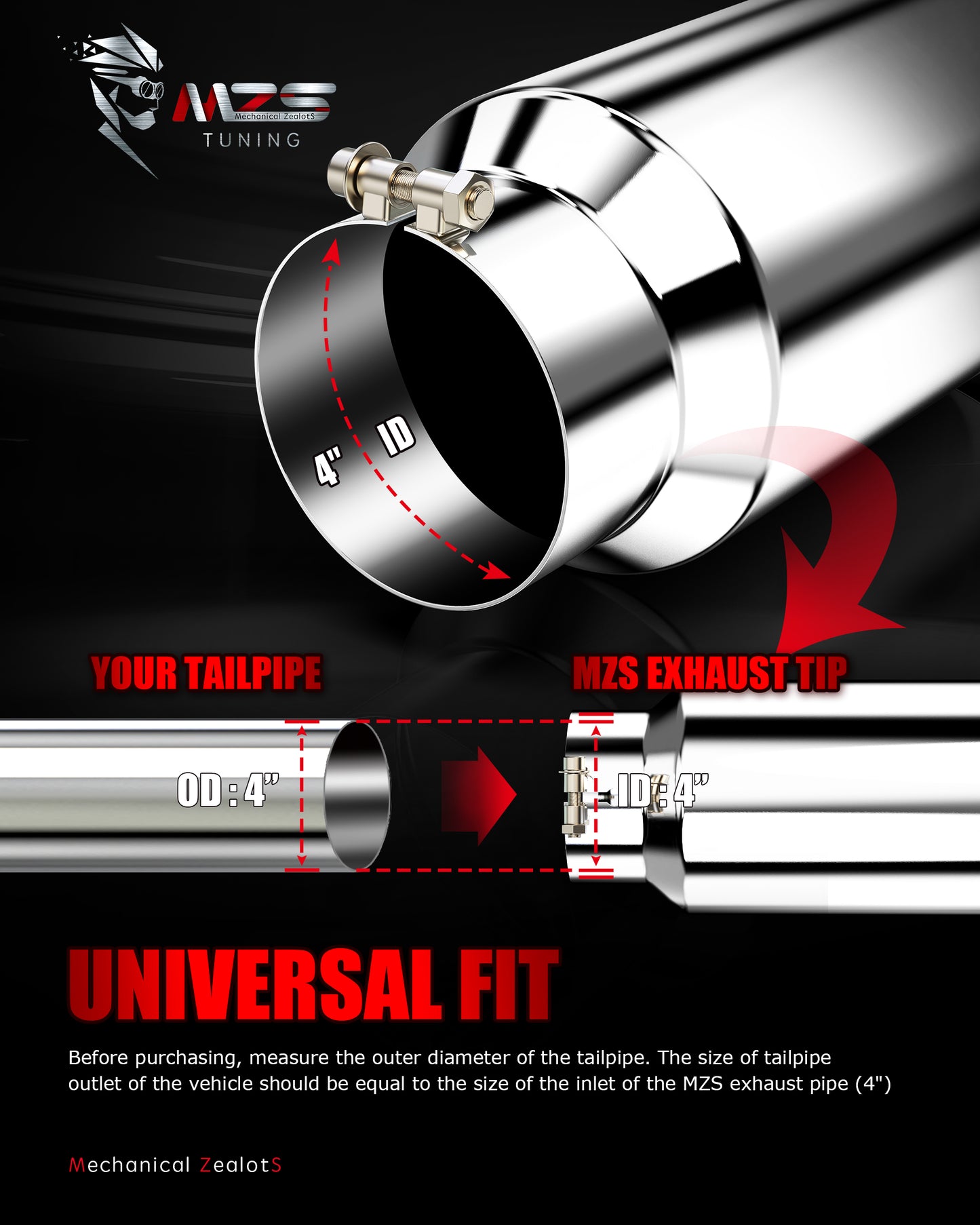 MZS Exhaust Tip - 4" Inlet 6" Outlet 12" Length Tailpipe Universal - Stainless Steel