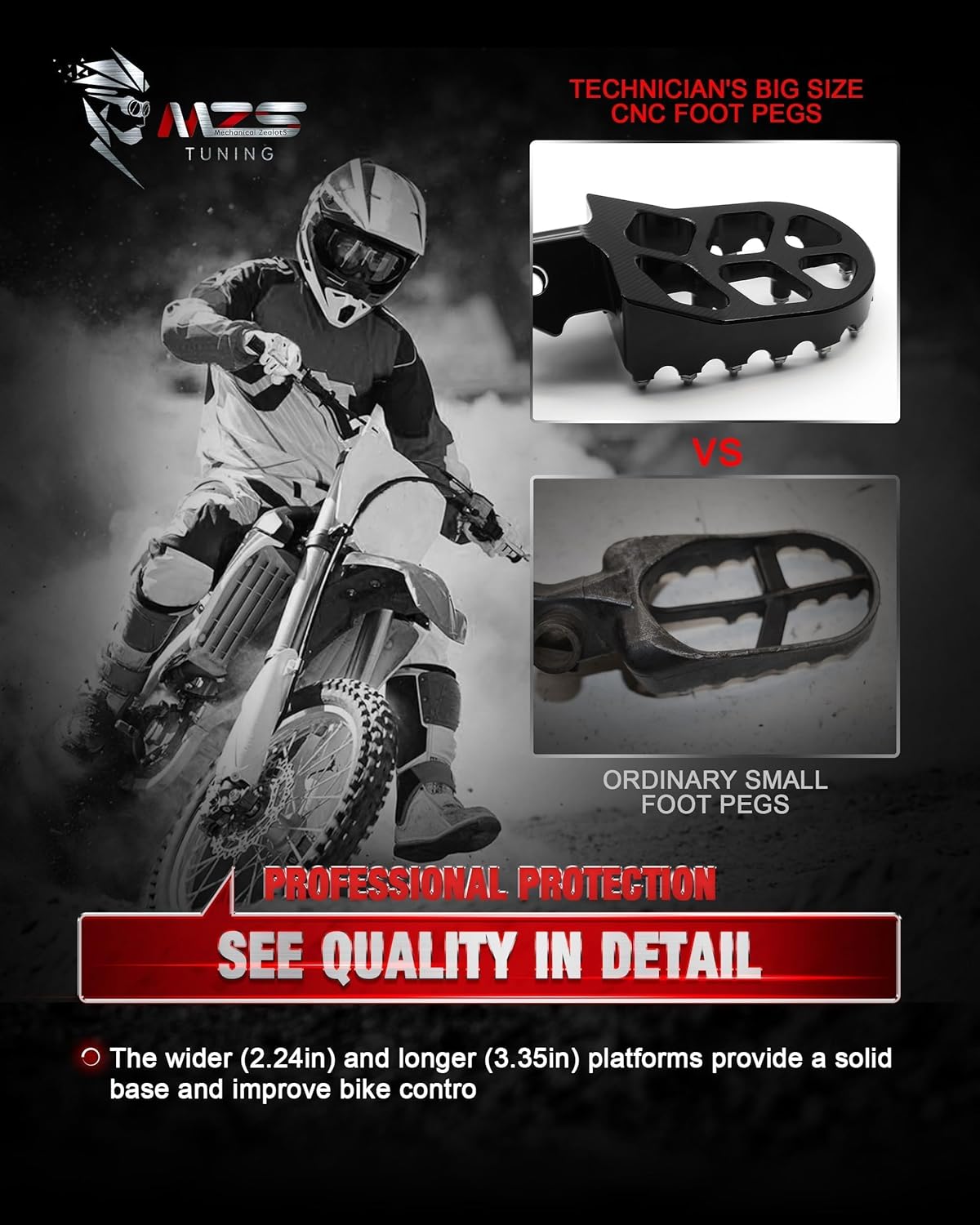 MZS Dirt Bike Foot Pegs, CNC Motocross Footpeg MX Footrest Rest Pedal Black Compatible with CRF250F CRF150F CRF230F XR150L Sur Light Bee X S LBS LBX MX3 XXX KDX200 HAWK 250 X160 X260 E Ride Pro SS