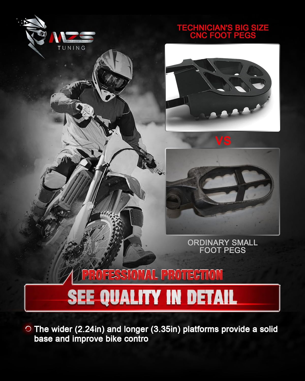 MZS Dirt Bike Foot Pegs, Aluminum MX Footpeg Footrest Rest Pedal Black Compatible with KLX300R KLX250R KLX250 KLX250S KLX250SF KLX650 CR80R CR85R CR85RB XR250R XR400R XR600R XR650L XR650R