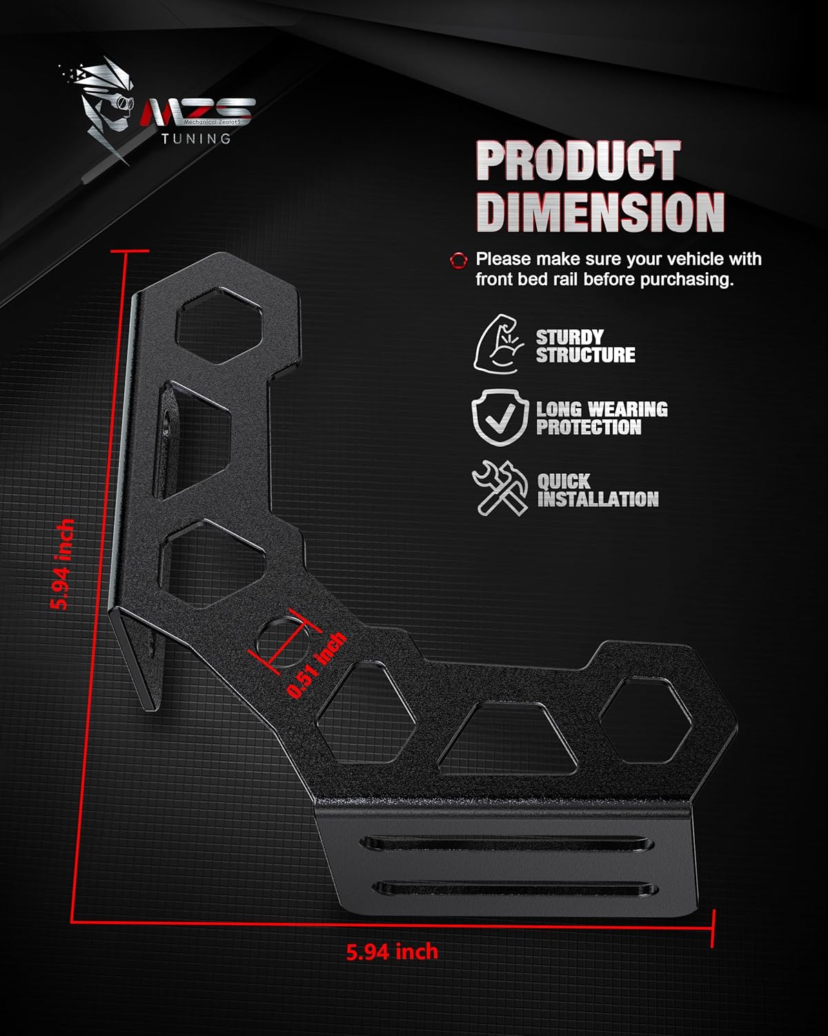 MZS Truck Bed Corner Gussets Compatible with Tacoma 2005-2015 2024-2025, Front Side Rail Tie Down Anchor Mounting Brackets T Slot Nuts for Cargo CB Antenna Flag Whip Light, Balck, Pack of 2