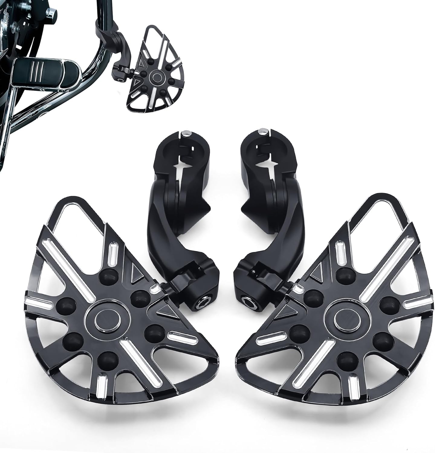 MZS Motorcycle Highway Pegs, 1.25" Adjustable Short Angled Wide Foot Peg Black Compatible with Softail Sportster Electra Road King Street Glide Vulcan VTX V Star Boulevard for 1 1/4 Engine Guards