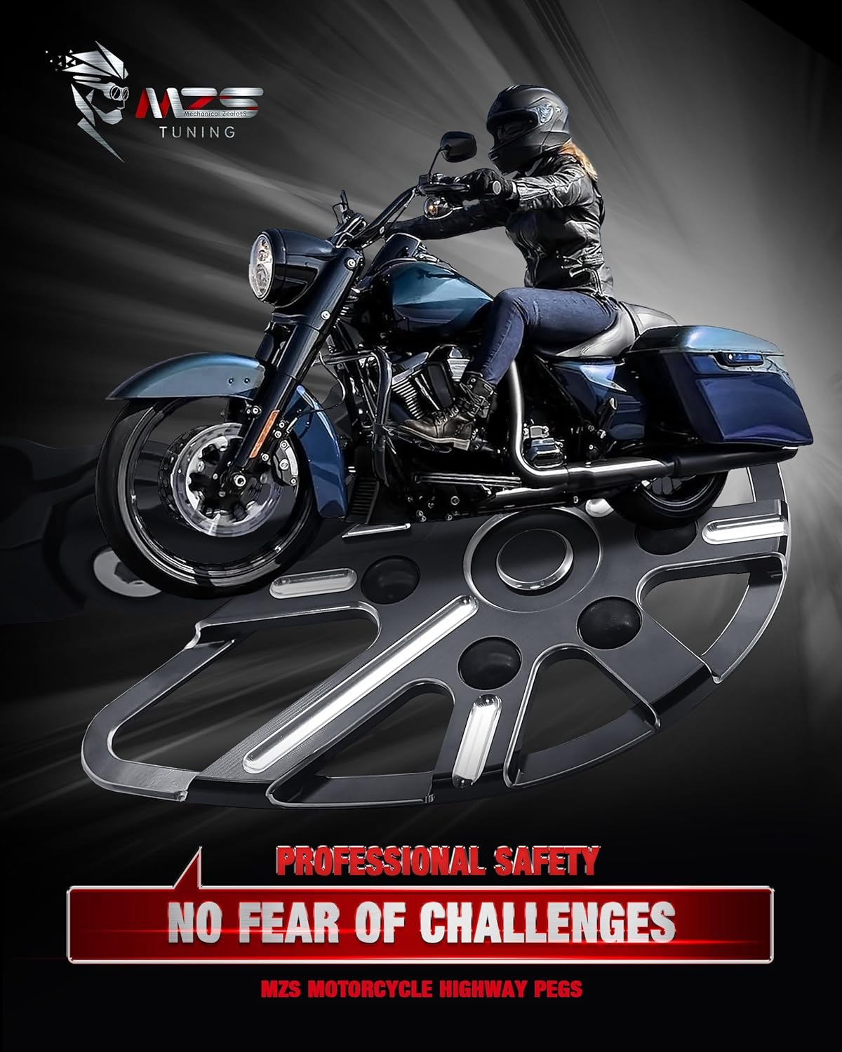 MZS Motorcycle Highway Pegs, 1.25" Adjustable Short Angled Wide Foot Peg Black Compatible with Softail Sportster Electra Road King Street Glide Vulcan VTX V Star Boulevard for 1 1/4 Engine Guards