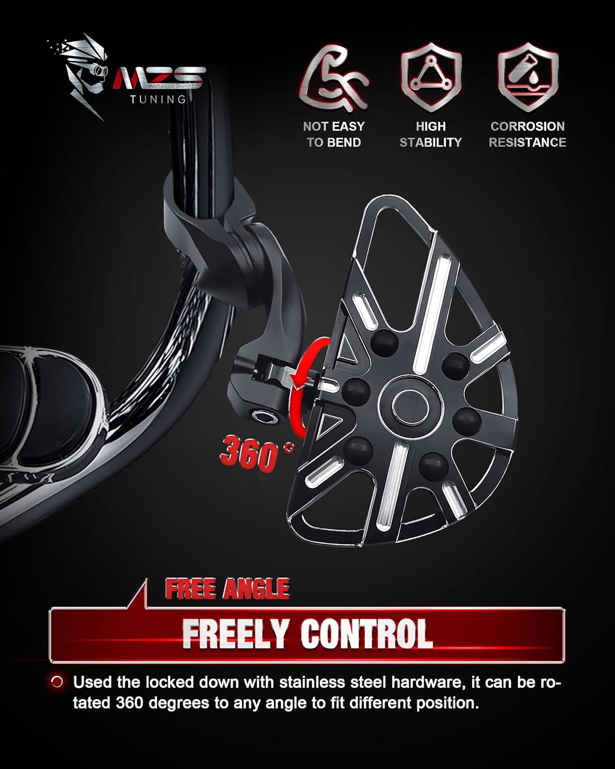 MZS Motorcycle Highway Pegs, 1.25" Adjustable Short Angled Wide Foot Peg Black Compatible with Softail Sportster Electra Road King Street Glide Vulcan VTX V Star Boulevard for 1 1/4 Engine Guards