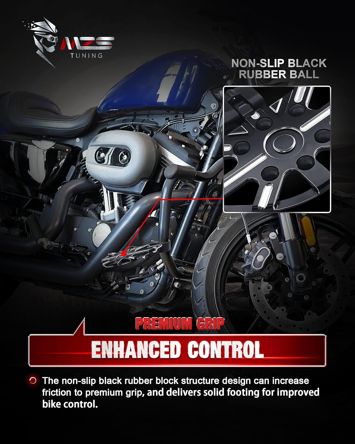 MZS Motorcycle Highway Pegs, 1.25" Adjustable Short Angled Wide Foot Peg Black Compatible with Softail Sportster Electra Road King Street Glide Vulcan VTX V Star Boulevard for 1 1/4 Engine Guards