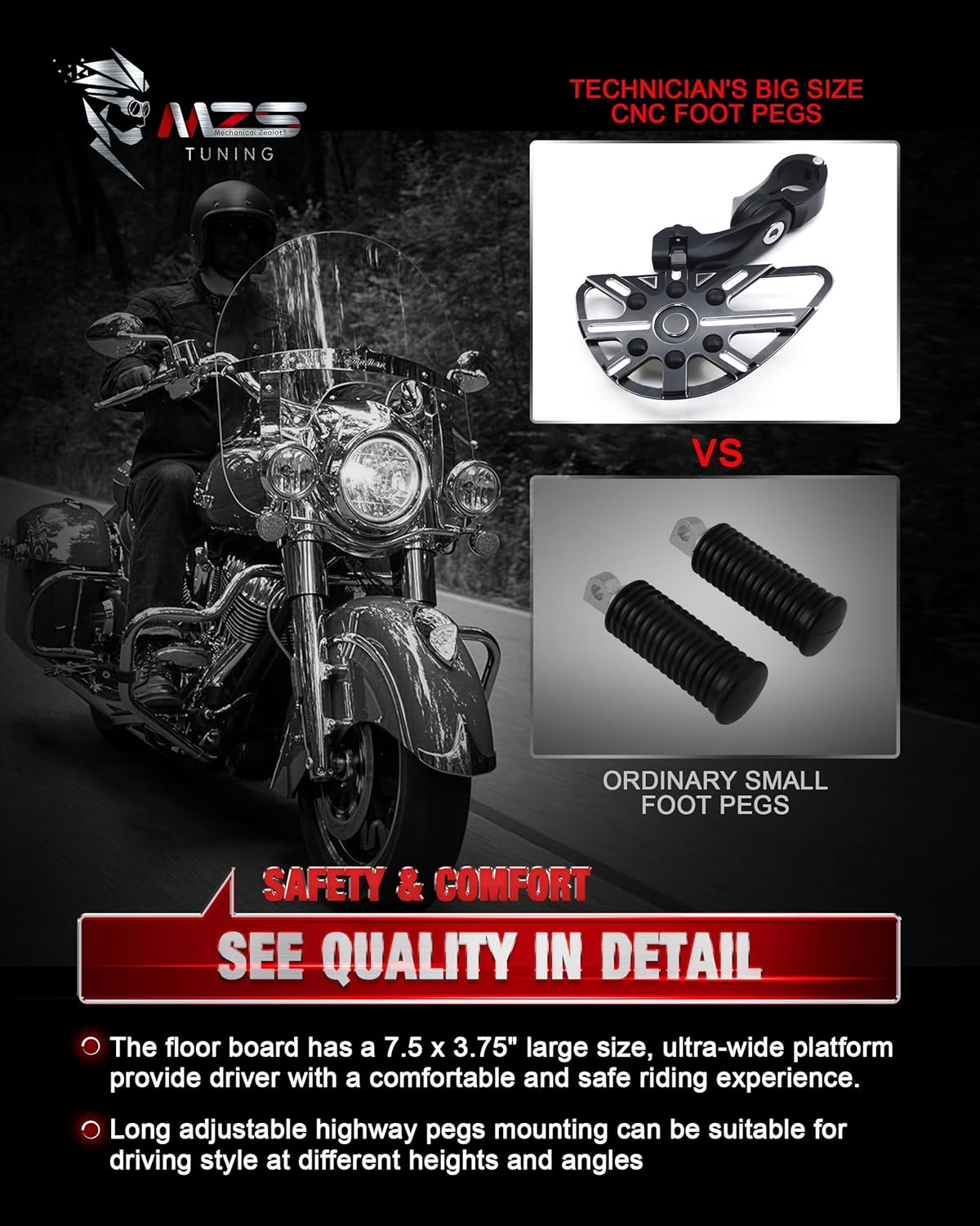 MZS Motorcycle Highway Pegs, 1.25" Adjustable Short Angled Wide Foot Peg Black Compatible with Softail Sportster Electra Road King Street Glide Vulcan VTX V Star Boulevard for 1 1/4 Engine Guards