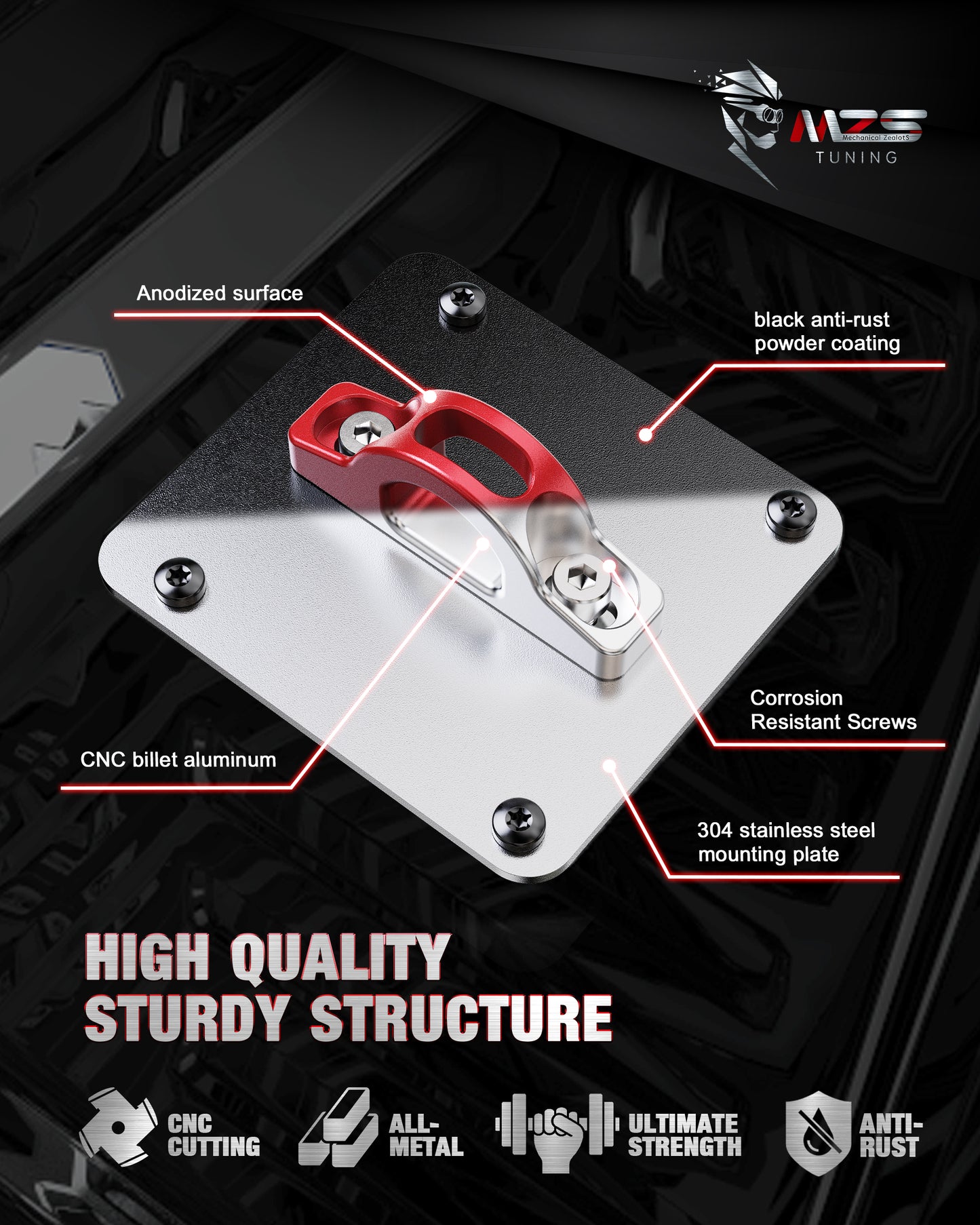 MZS Truck Bed Tie Down Anchors Compatible with 2015-2026 F150 Raptor Lightning / F250 F350 F450 F550 Super Duty, Steel Plates & Aluminium Cleats Replace FL3Z99000A64B FL3Z9928408AB, Red, 2Pcs