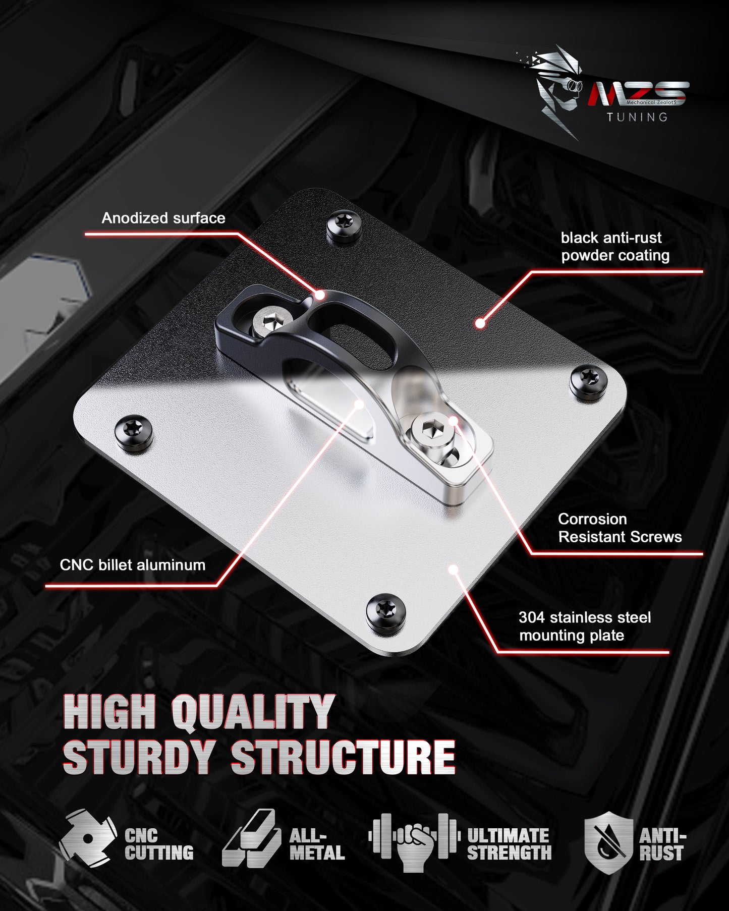 MZS Truck Bed Tie Down Anchors Compatible with 2015-2026 F150 Raptor Lightning / F250 F350 F450 F550 Super Duty, Steel Plates & Aluminium Cleats Replace FL3Z99000A64B FL3Z-9928408-AB, Black, 2Pcs