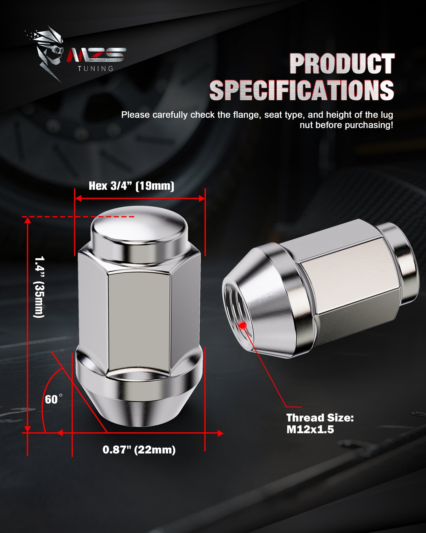 MZS ATV UTV M12x1.5 Lug Nuts, 19mm Hex Cone Seat Closed End Wheel Nut for Ranger RZR XP 900 1000 / General 1000 / Pioneer 500 700 1000, One-Piece Design Lugnuts, Chrome, 16Pcs
