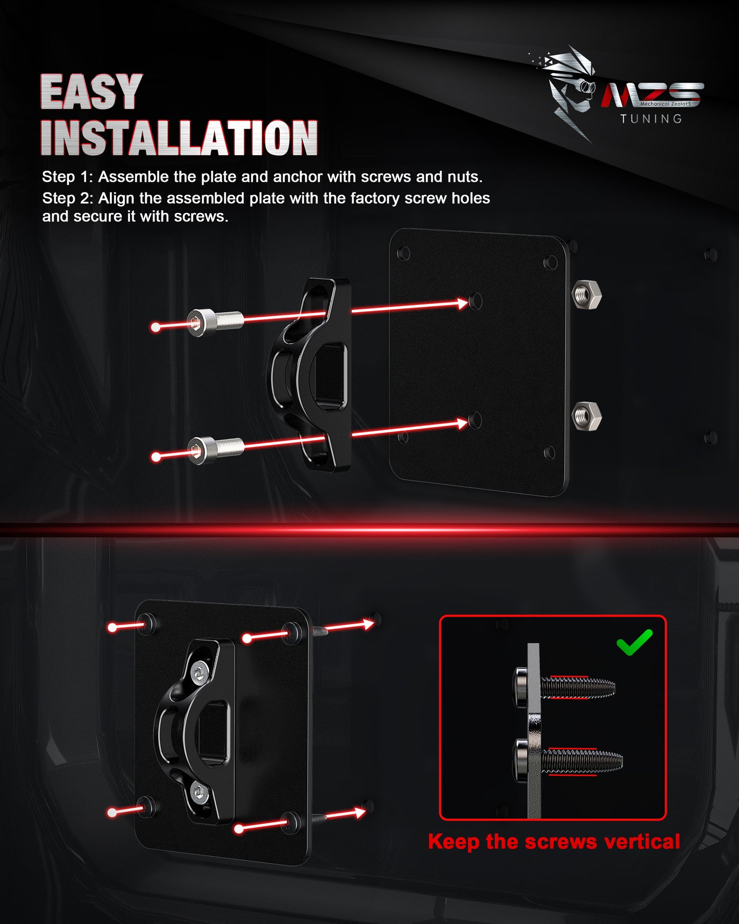 MZS Truck Bed Tie Down Anchors Compatible with 2015-2026 F150 Raptor Lightning / F250 F350 F450 F550 Super Duty, Steel Plates & Aluminium Cleats Replace FL3Z99000A64B FL3Z-9928408-AB, Black, 2Pcs