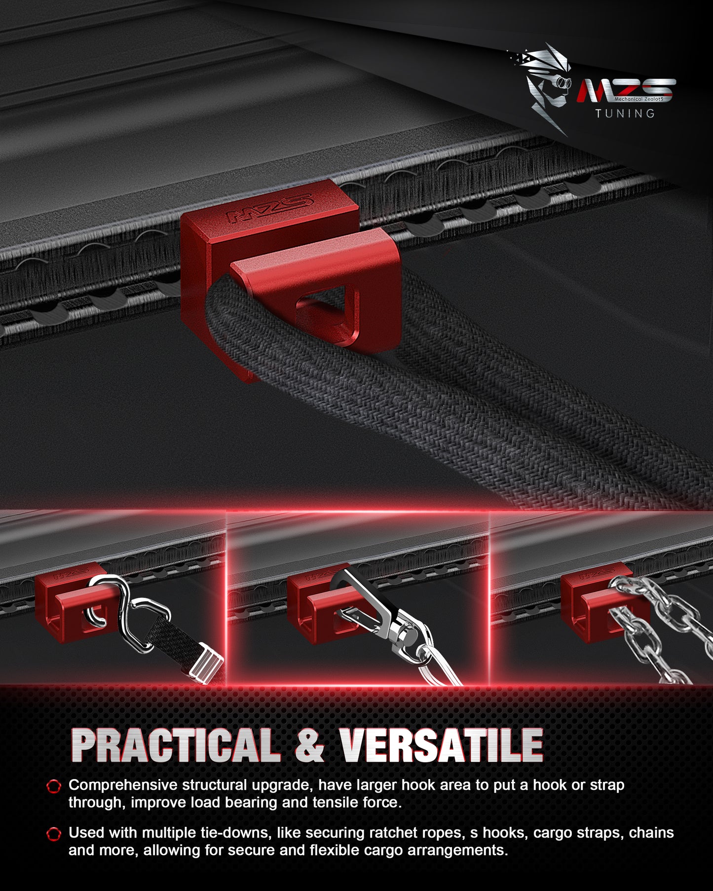 MZS Tacoma Tie-Down Kit, Bed Rail Cleats+Rope Hook Inner+Truck Bed Tie Down Anchors Compatible with 2005-2025 Tacoma, Replace PT278-35160/663120C010/PT278-35054 (Red, 6Pcs)