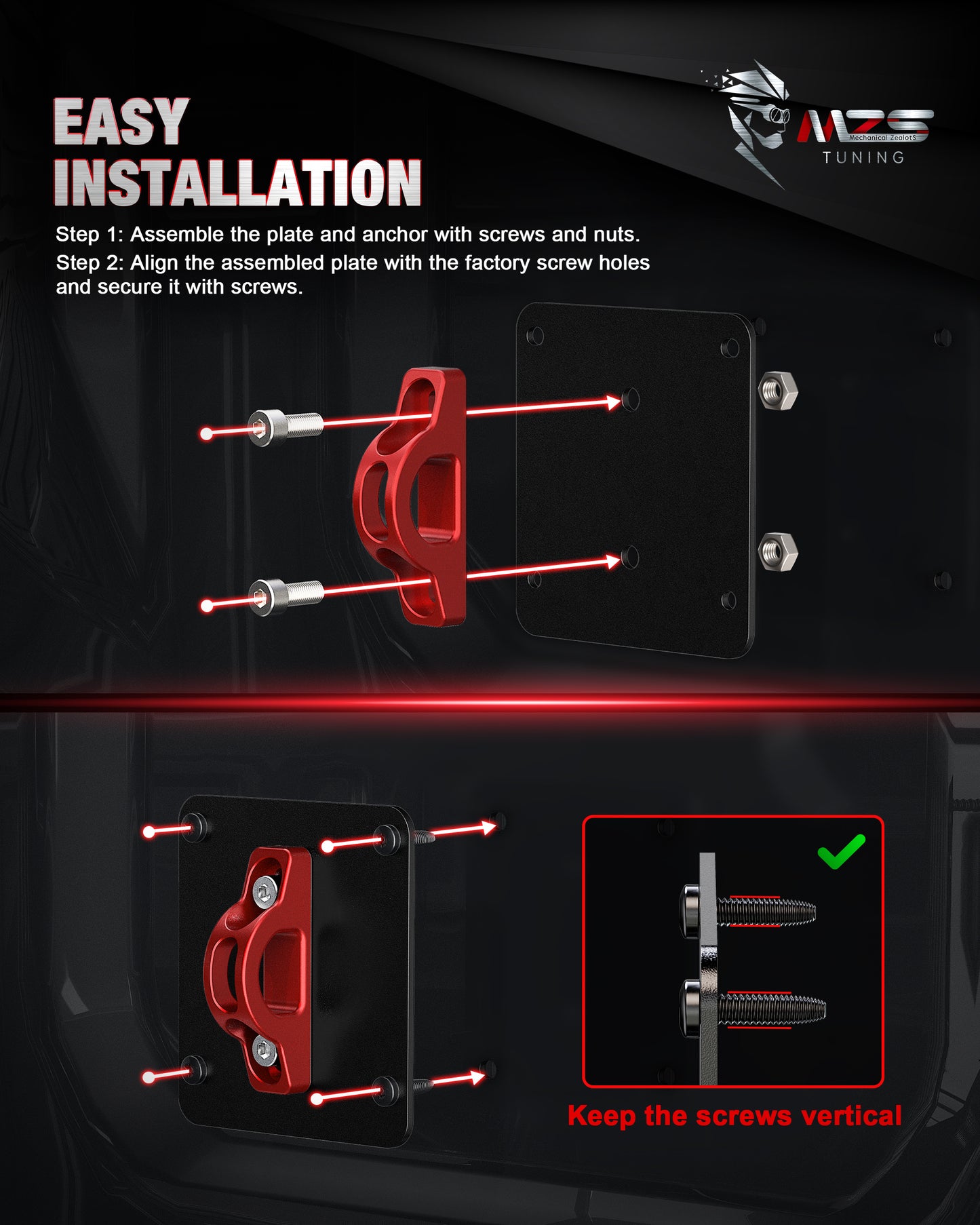 MZS Truck Bed Tie Down Anchors Compatible with 2015-2026 F150 Raptor Lightning / F250 F350 F450 F550 Super Duty, Steel Plates & Aluminium Cleats Replace FL3Z99000A64B FL3Z9928408AB, Red, 2Pcs