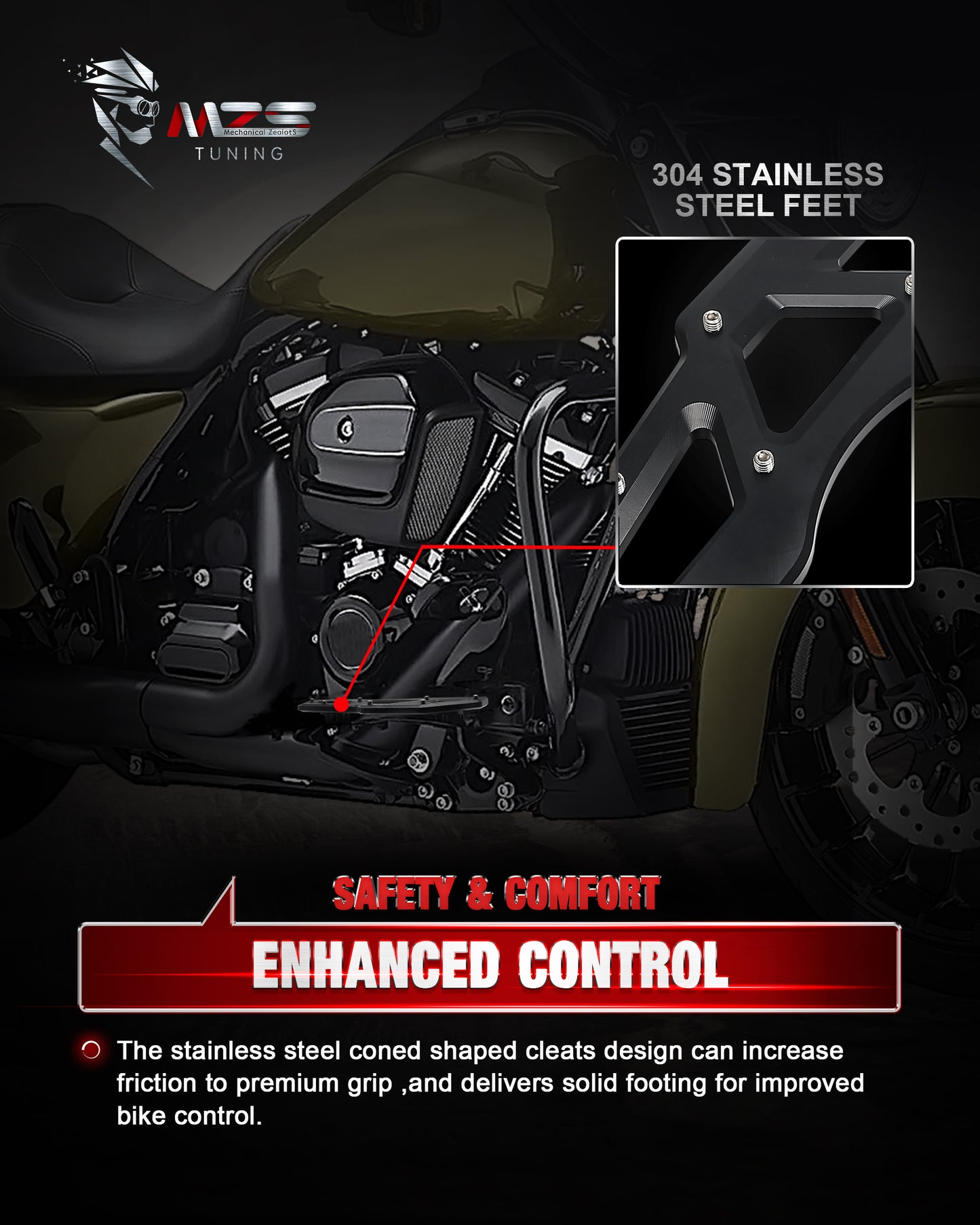 MZS Motorcycle Driver Floorboards, Touring Front Footboards Foot Pegs Boards Compatible with Electra Glide 83-23 / Road Glide 98-24 / Road King 94-24 / Softail 93-17 / Street Glide 06-24 / Tri 09-24