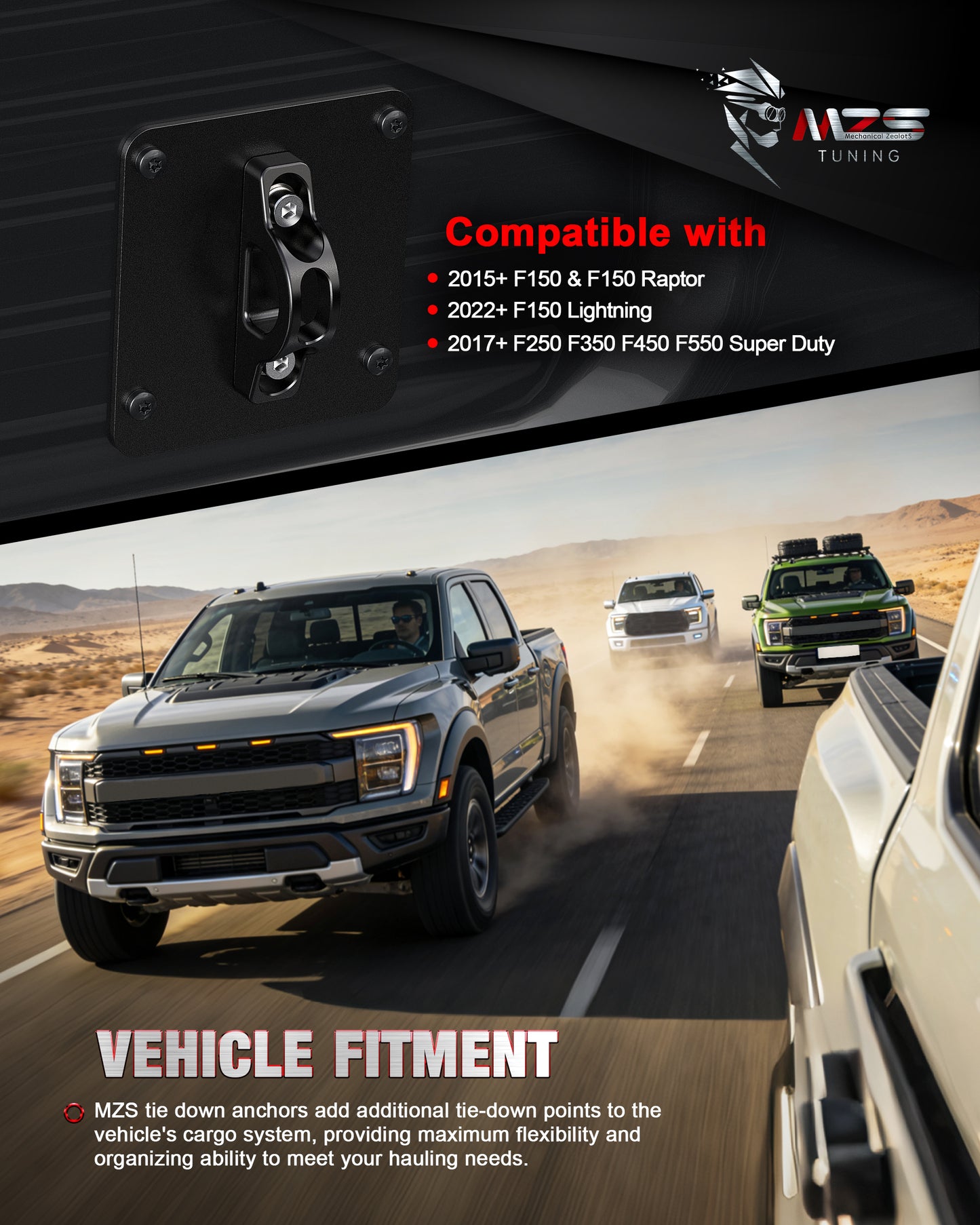 MZS Truck Bed Tie Down Anchors Compatible with 2015-2026 F150 Raptor Lightning / F250 F350 F450 F550 Super Duty, Steel Plates & Aluminium Cleats Replace FL3Z99000A64B FL3Z-9928408-AB, Black, 2Pcs