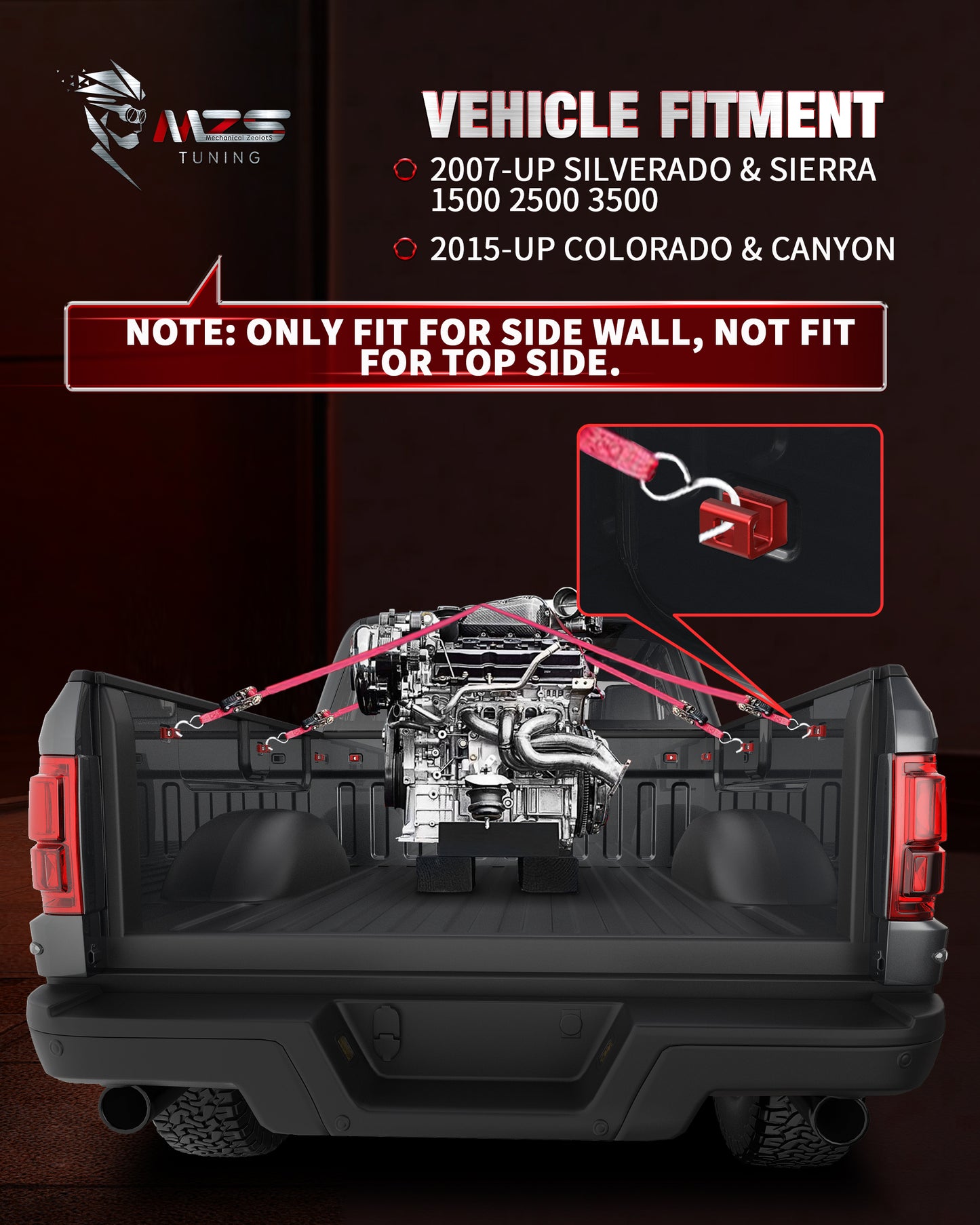 MZS Truck Bed Tie Down Anchors, Side Wall Stake Pocket Hooks Compatible with 2007+ Silverado Sierra 1500 2500 3500/2015+ Colorado Canyon Replaces 23146899 (Red, 2pcs)