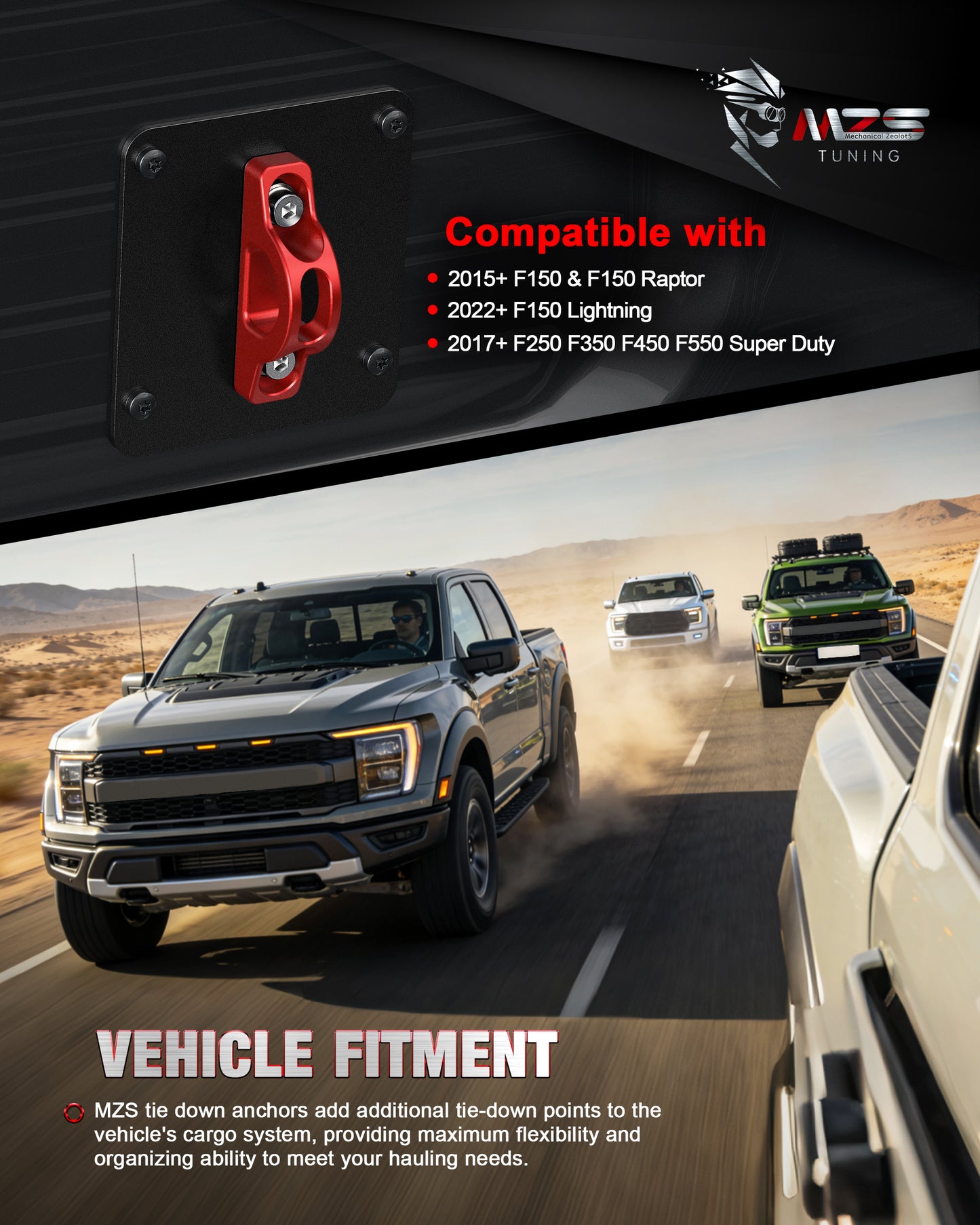 MZS Truck Bed Tie Down Anchors Compatible with 2015-2026 F150 Raptor Lightning / F250 F350 F450 F550 Super Duty, Steel Plates & Aluminium Cleats Replace FL3Z99000A64B FL3Z9928408AB, Red, 2Pcs