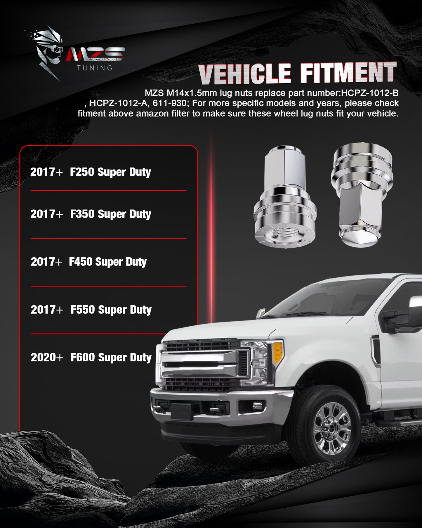 MZS M14x1.5 Lug Nuts, 21mm Hex Closed End Flat Seat Wheel Nut for 2017-2025 F250 F350 Super Duty Factory Wheels, One-Piece Design Flange Lugnut, Replace OEM HCPZ-1012-A HCPZ-1012-B, Chrome, 32Pcs