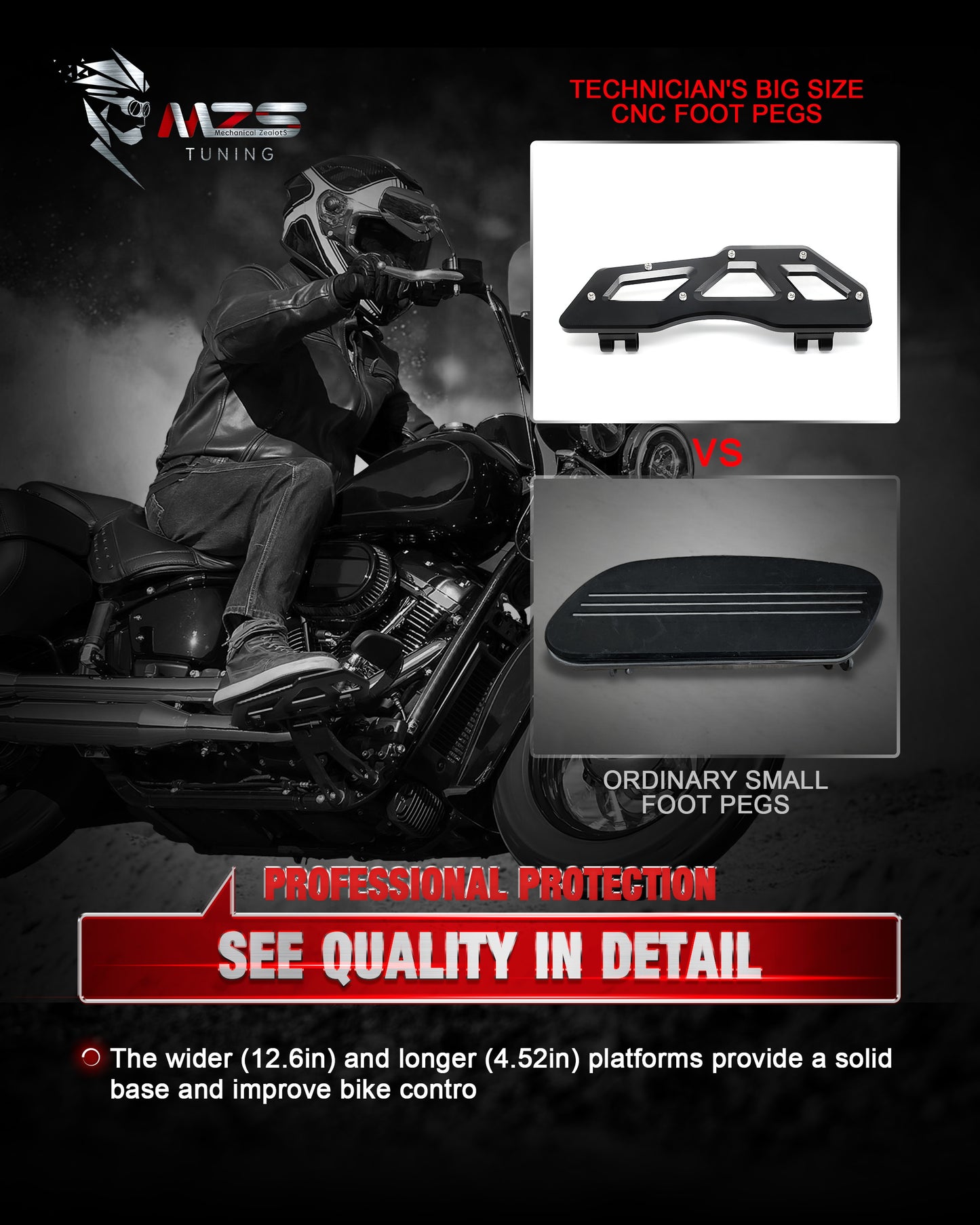 MZS Motorcycle Driver Floorboards, Touring Front Footboards Foot Pegs Boards Compatible with Electra Glide 83-23 / Road Glide 98-24 / Road King 94-24 / Softail 93-17 / Street Glide 06-24 / Tri 09-24