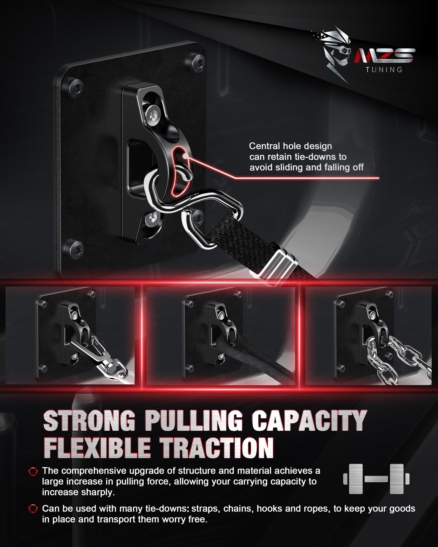 MZS Truck Bed Tie Down Anchors Compatible with 2015-2026 F150 Raptor Lightning / F250 F350 F450 F550 Super Duty, Steel Plates & Aluminium Cleats Replace FL3Z99000A64B FL3Z-9928408-AB, Black, 2Pcs