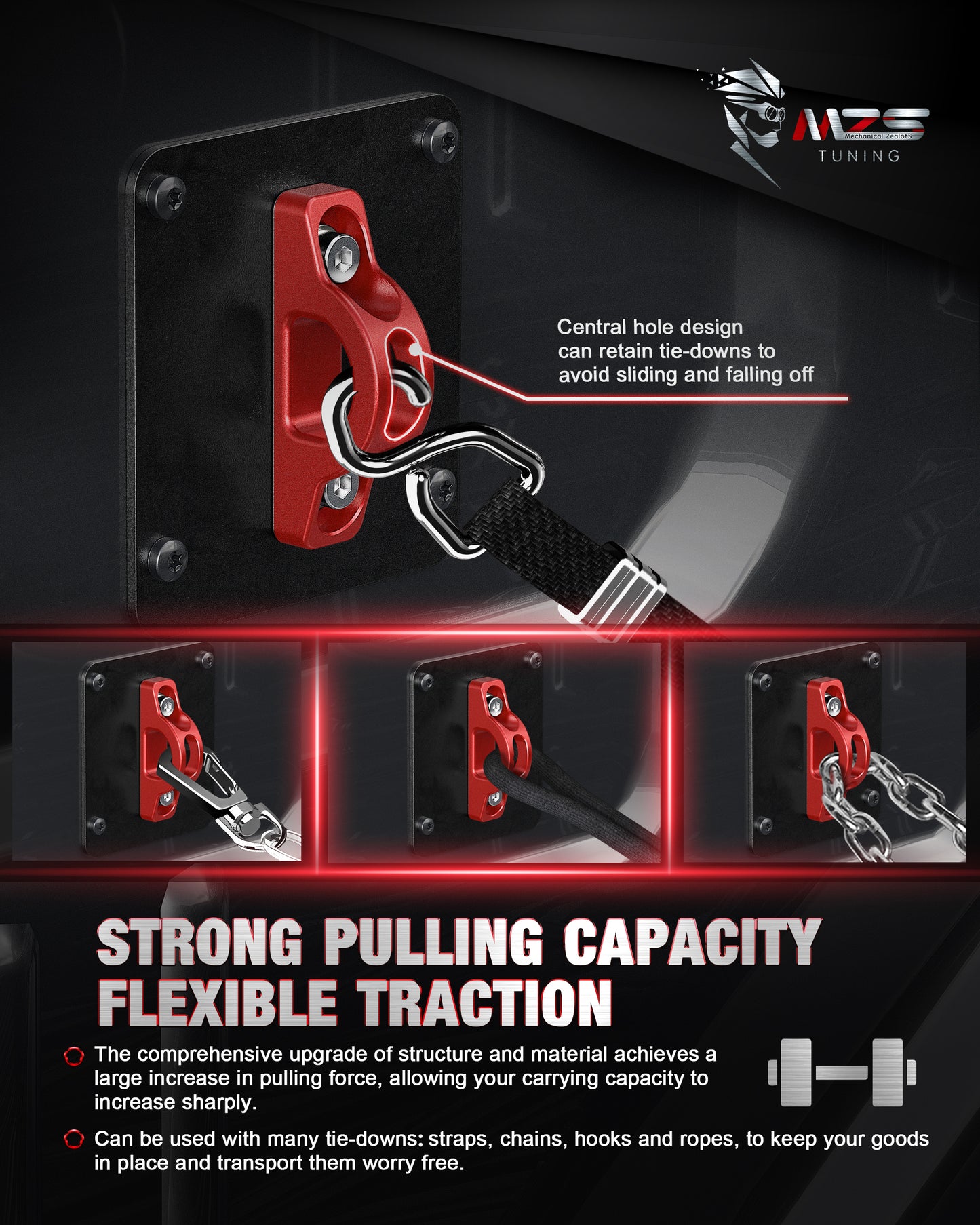 MZS Truck Bed Tie Down Anchors Compatible with 2015-2026 F150 Raptor Lightning / F250 F350 F450 F550 Super Duty, Steel Plates & Aluminium Cleats Replace FL3Z99000A64B FL3Z9928408AB, Red, 2Pcs