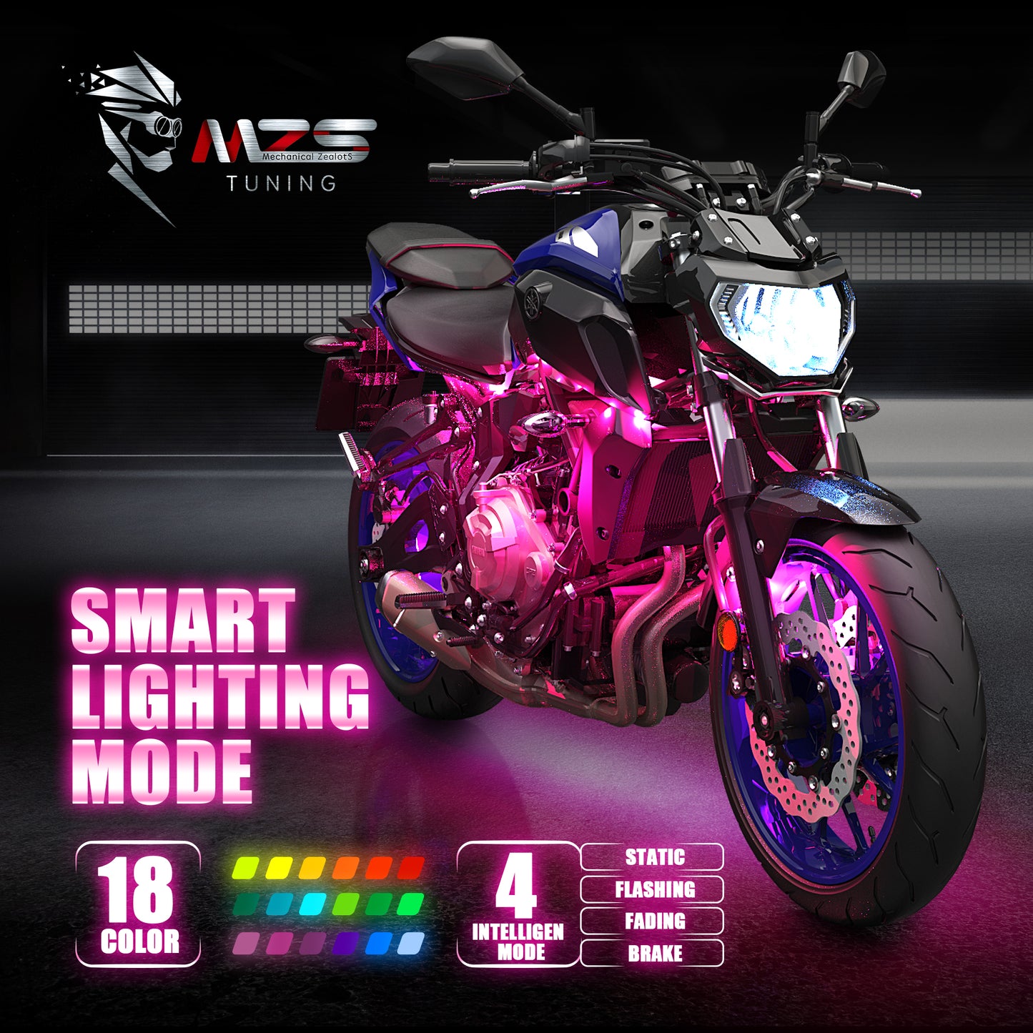 MZS 8Pcs Motorcycle LED Light Kit, Multi-Color Neon RGB Strips LED Underglow kit Compatible with ATVs UTVs Cruiser Trikes Golf Carts Most Family Motorcycle, Pack of 8