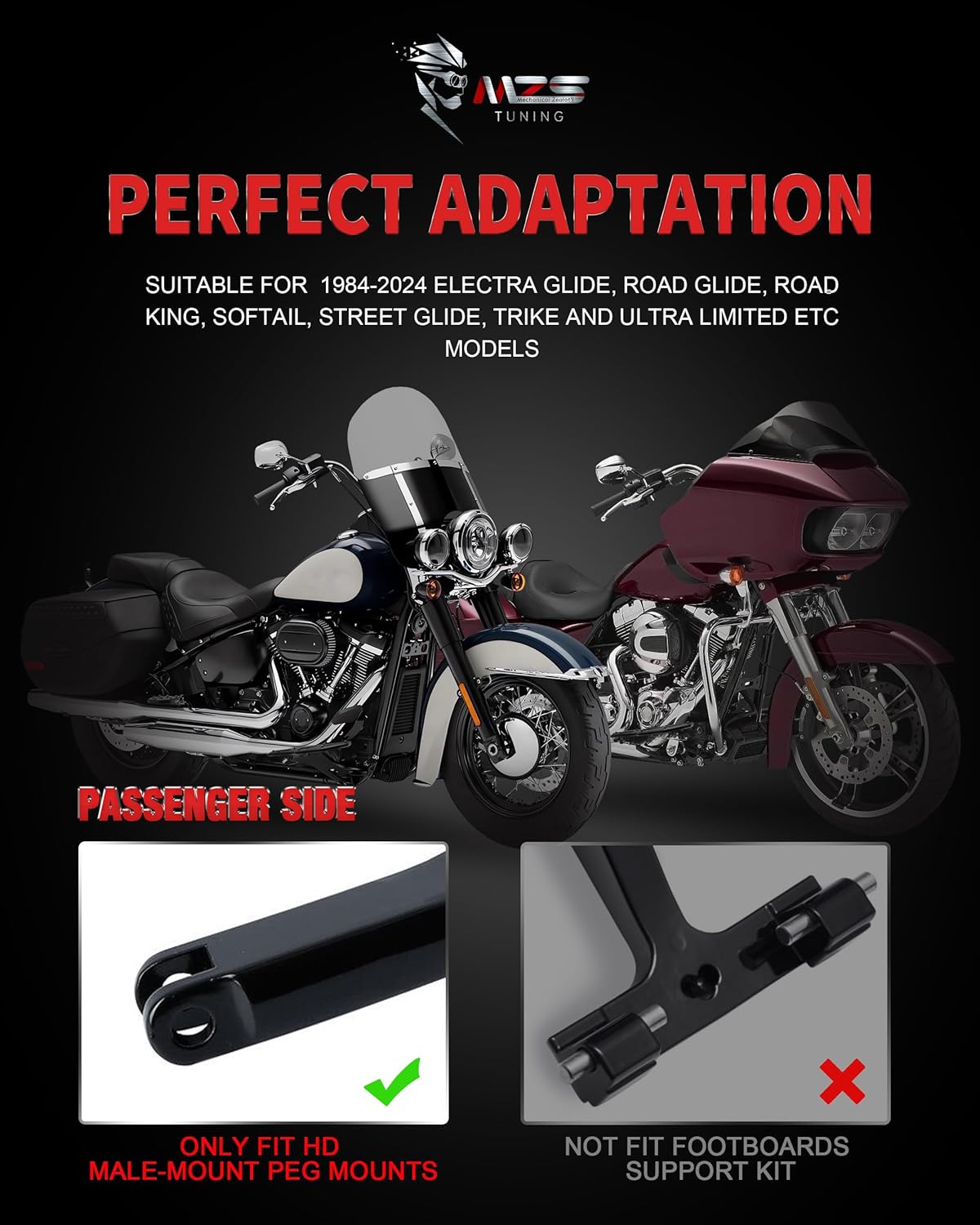 MZS Motorcycle Floorboards Passenger Driver, Touring Footboards Set Wide Foot Pegs Board Pedal Stretched Black Compatible with Electra Street Glide Road King Ultra Limited Trike Softail