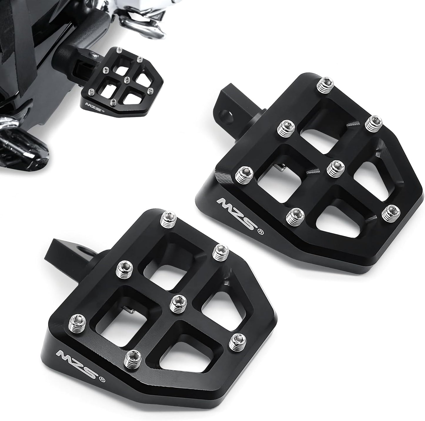 MZS Motorcycle Foot Pegs, Male Wide Footpegs, MX Chopper Bobber Style Rider Passenger Pedal Black Compatible with Sportster Softail Dyna Vrod Fat Boy Bob Iron Electra Street Glide Road King