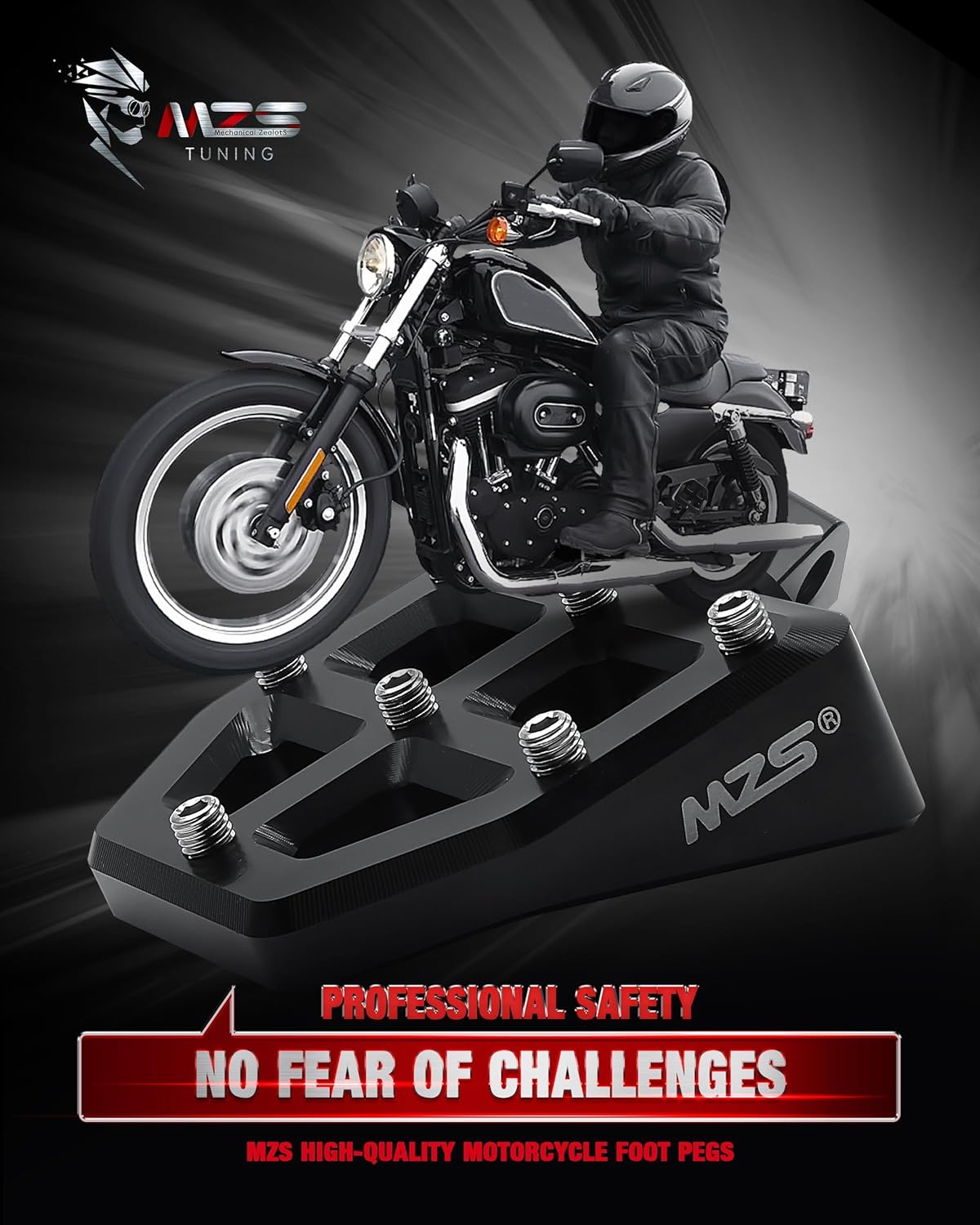 MZS Motorcycle Foot Pegs, Male Wide Footpegs, MX Chopper Bobber Style Rider Passenger Pedal Black Compatible with Sportster Softail Dyna Vrod Fat Boy Bob Iron Electra Street Glide Road King