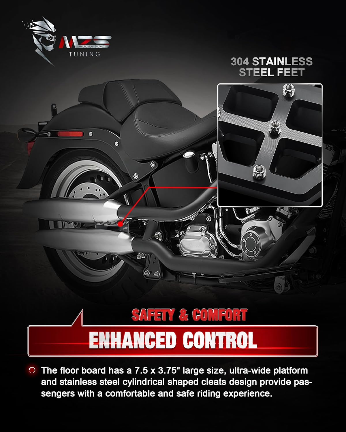 MZS Motorcycle Foot Pegs, Male Wide Footpegs, MX Chopper Bobber Style Rider Passenger Pedal Black Compatible with Sportster Softail Dyna Vrod Fat Boy Bob Iron Electra Street Glide Road King