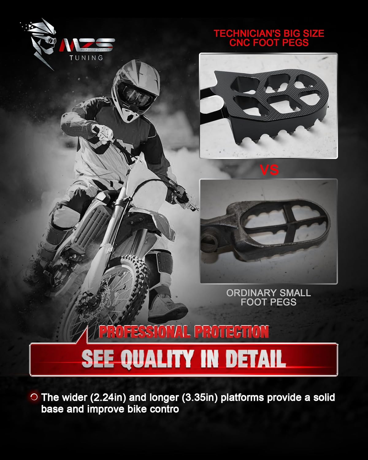 MZS Dirt Bike Foot Pegs, Motocross Wide Footpeg Black Compatible with KX250 KX450 KX250F KX450F KX250X KX450X CR125 CR250 CRF150R CRF250R CRF250 RALLY CRF250X CRF300L CRF450R CRF450L CRF250L CRF1000L
