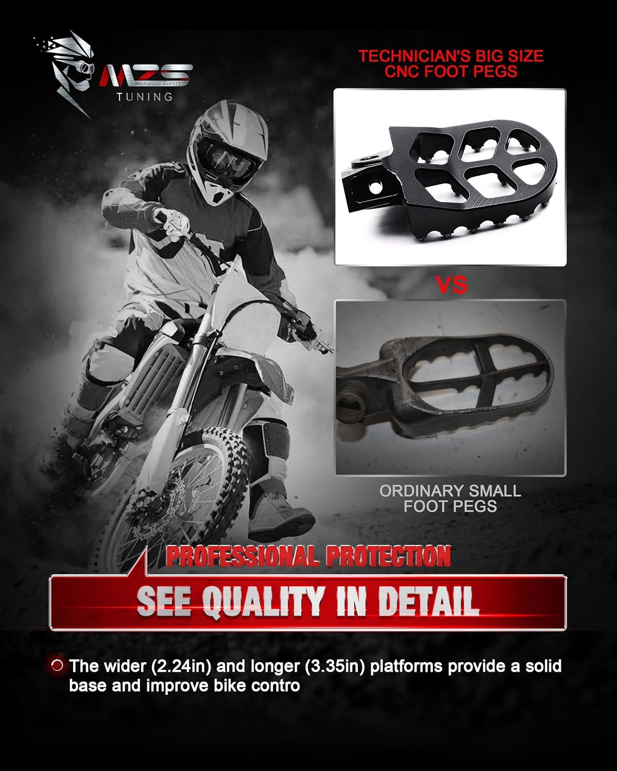 MZS Dirt Bike Foot Pegs, CNC Motocross Footpeg MX Footrest Pedal Black Compatible with KLX140 KLX140G 08-23 / KX65 00-24 / KX80 98-00 / KX85 01-24 / KX100 98-20 / KX112 22-24 / RM65 03-05 / RM100 03 Visit the MZS Store