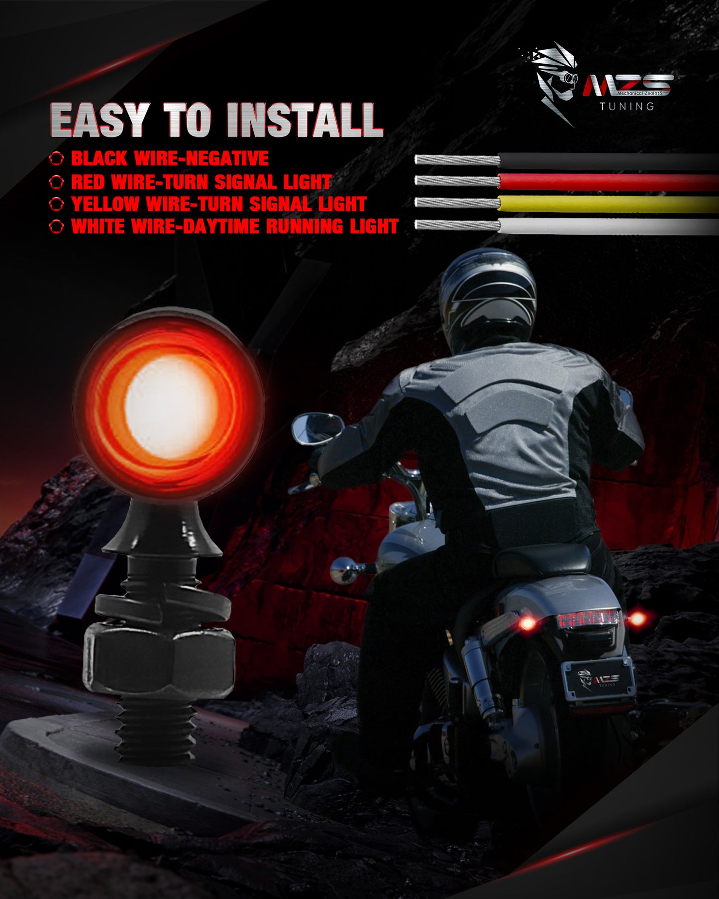MZS Motorcycle Front LED Turn Signals, Red Light Mini Brake Tail Light Blinkers, Minimalist Design, Universal 6mm Screw Suitable for 6mm/8mm/10mm Hole Compatible with Most Family Motorcycles