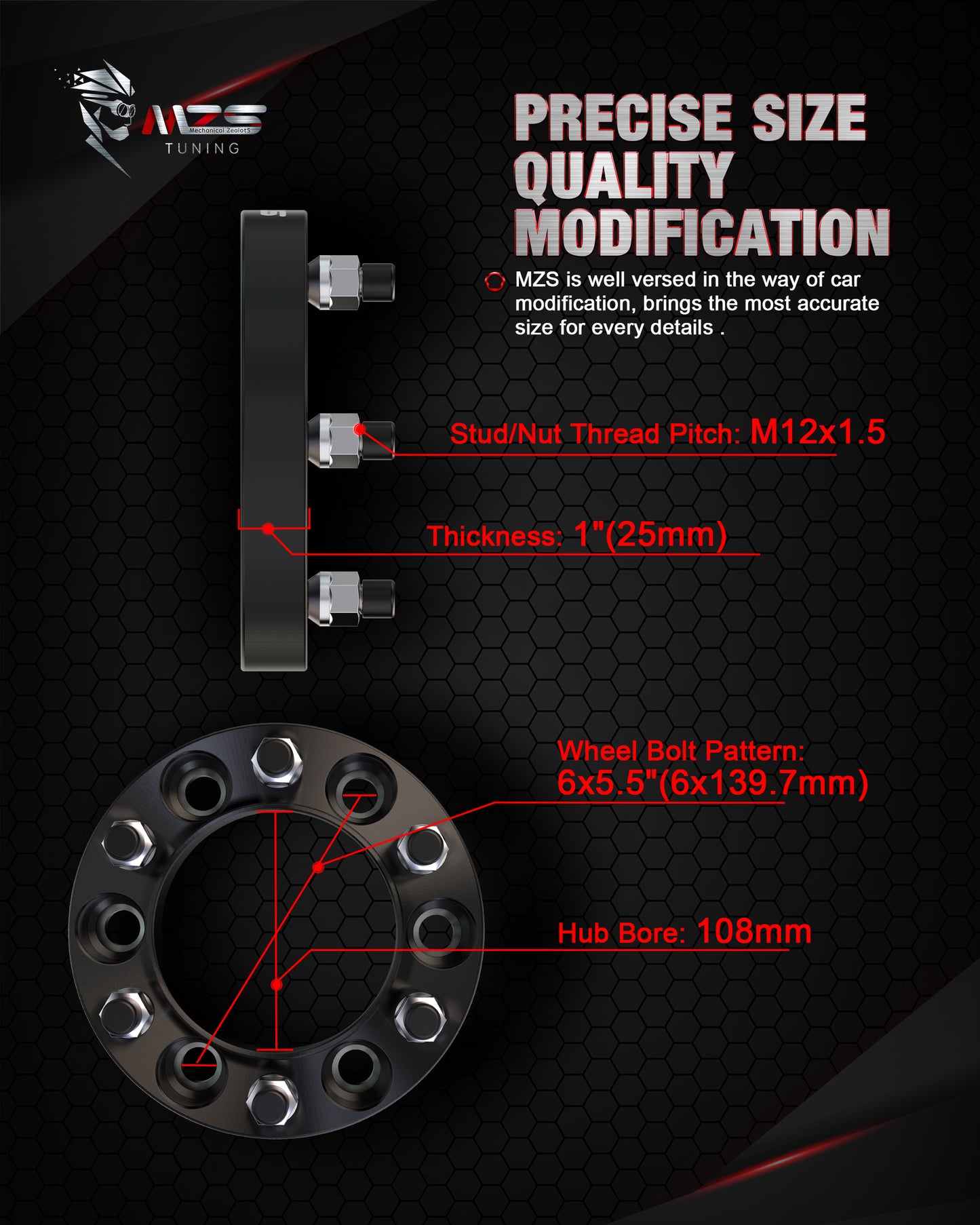 MZS 6x5.5 Wheel Spacers - 6x139.7 108mm M12x1.5 Studs Fit for Tacoma /4Runner /FJ Cruiser/Sequoia/Tundra