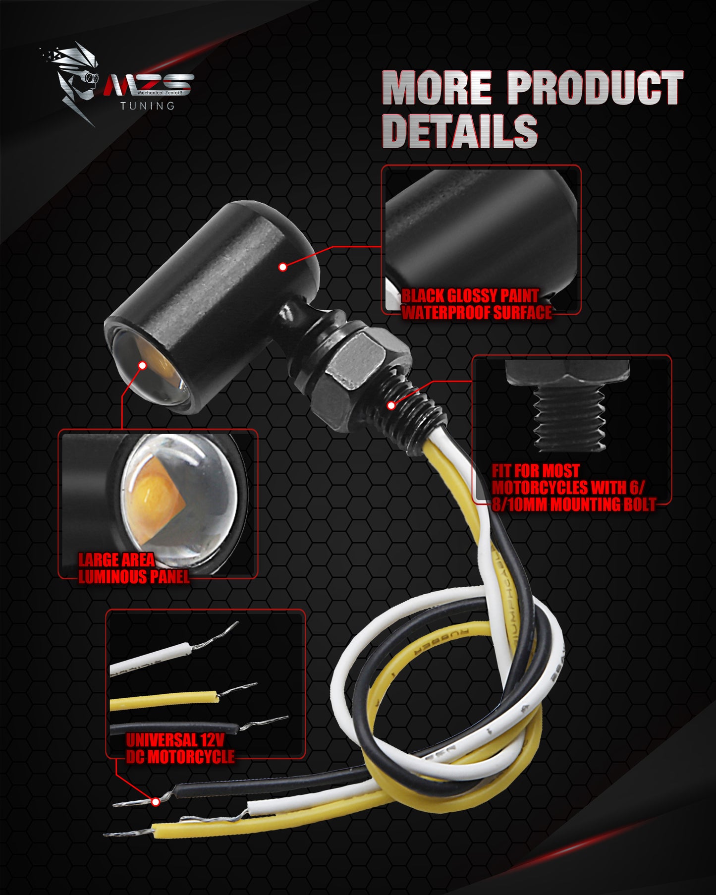 MZS Motorcycle Front LED Turn Signals, Red Light Mini Brake Tail Light Blinkers, Minimalist Design, Universal 6mm Screw Suitable for 6mm/8mm/10mm Hole Compatible with Most Family Motorcycles